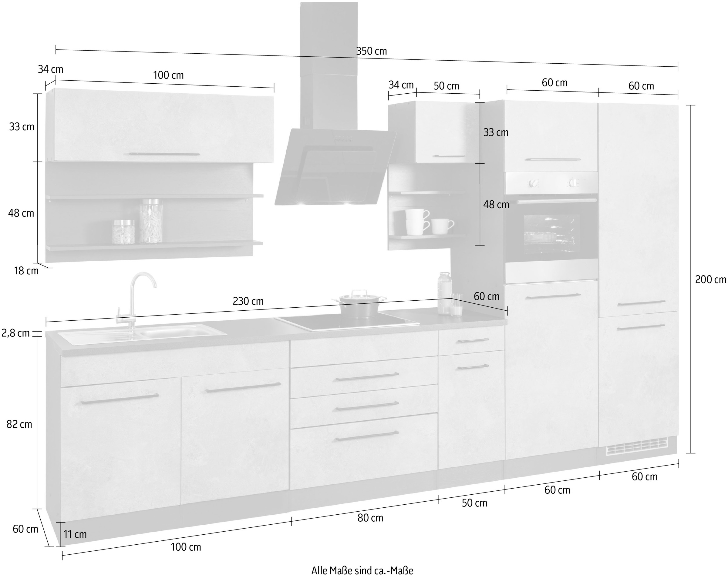 KOCHSTATION Küchenzeile »KS-Tulsa«, ohne E-Geräte, Breite 350 cm, schwarze Metallgriffe, MDF Fronten