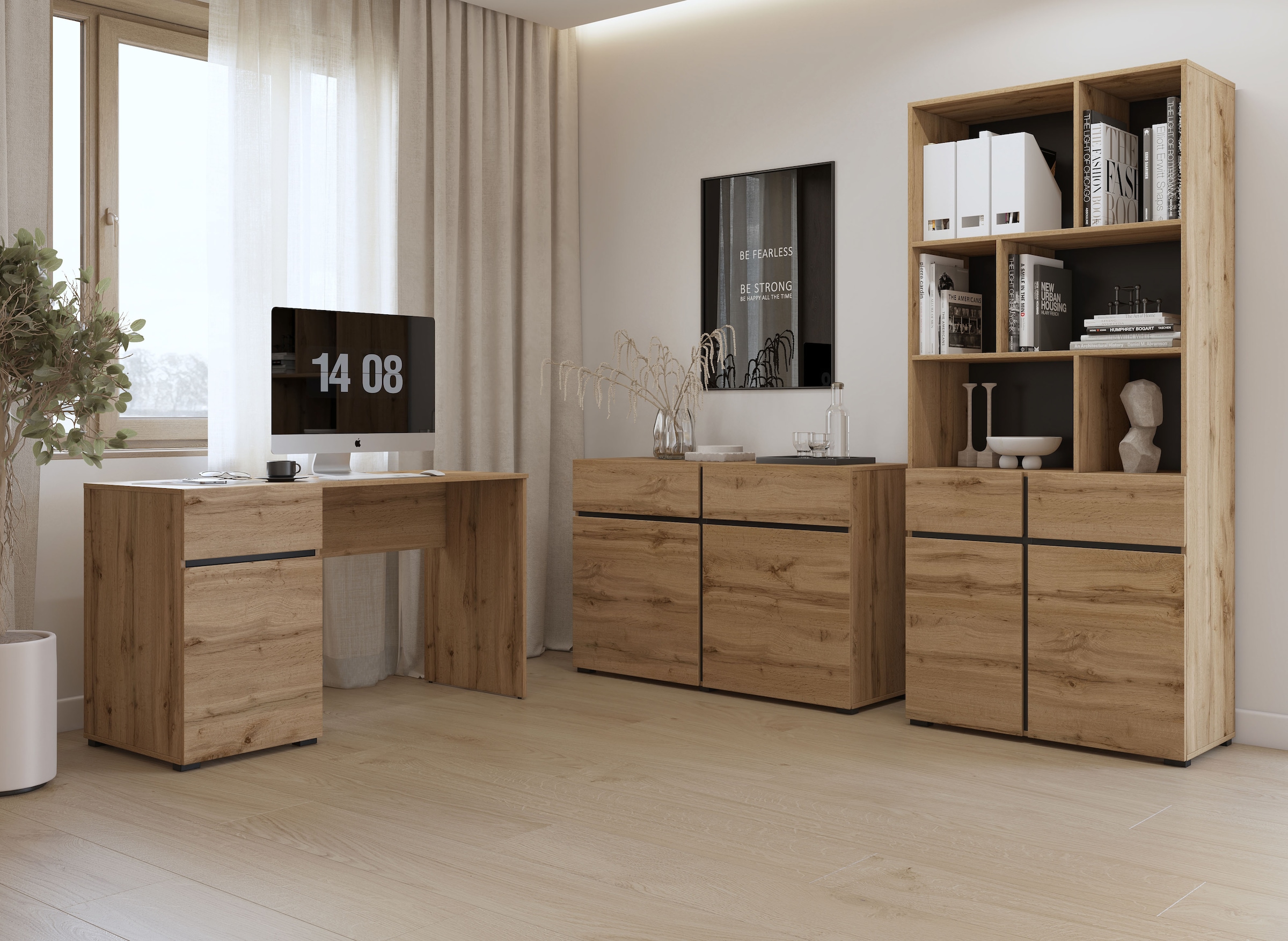 OTTO home Aktenschrank »Cross, Breite 85 cm, modernem grifflose Standregal, Bücherregal« Standregal mit 6 offene Fächern, 2 Schubladen und 2 Türen, Büroregal
