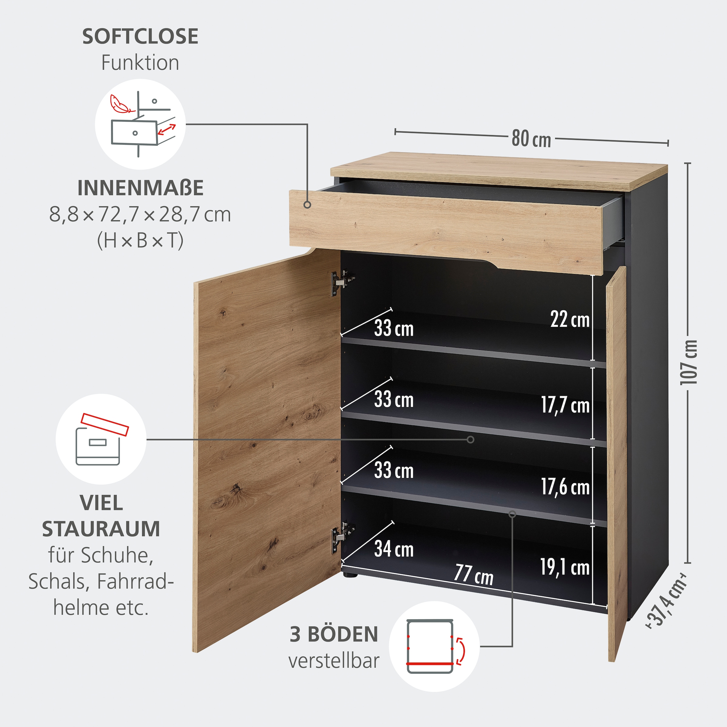 Innostyle Schuhschrank »Fargo Schuhschrank, 80/107/38 (B/H/T cm)«, (1 St.), 2 türig, Schubkasten, Soft Close