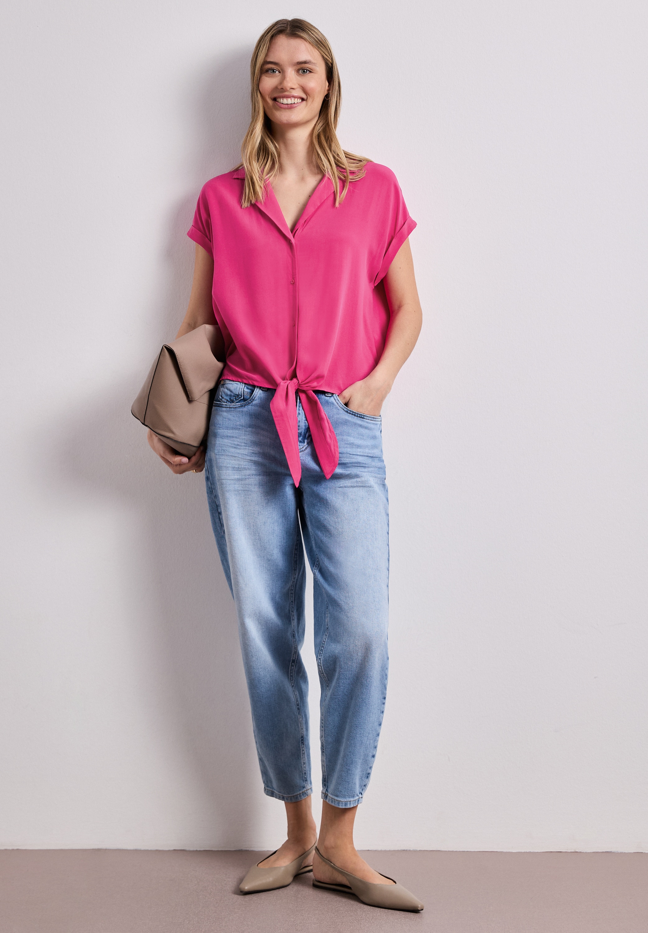 STREET ONE Kurzarmbluse Sommerbluse mit Bowling-Kragen