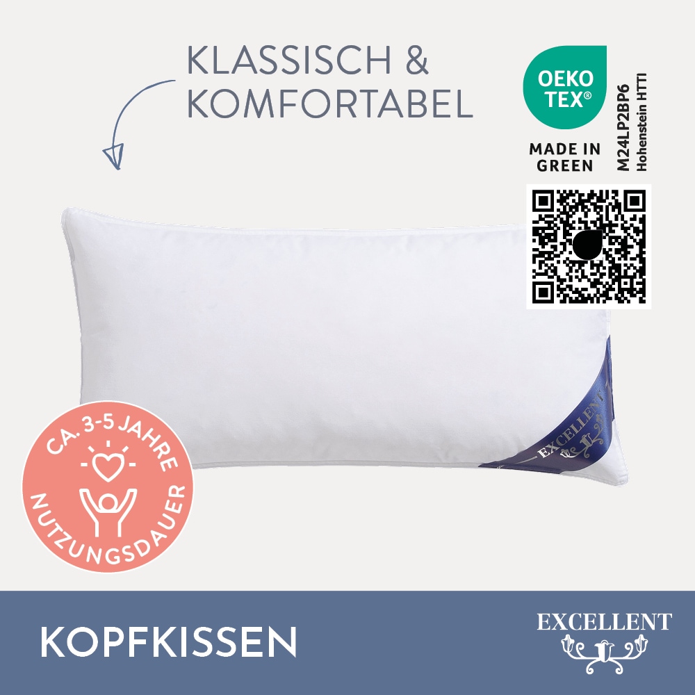 Excellent Kopfkissen »Venedig«, Füllung: weiße neue Federn und Daunen, Klasse I, 85% Federn / 15% Daunen, Bezug: Köper-Inlett, 100% Baumwolle, (Spar-Set, 1 St., 2 Kopfkissen), Kopfkissen 40x40, 40x80, 80x80, allergiker geeignet (Hausstaub)