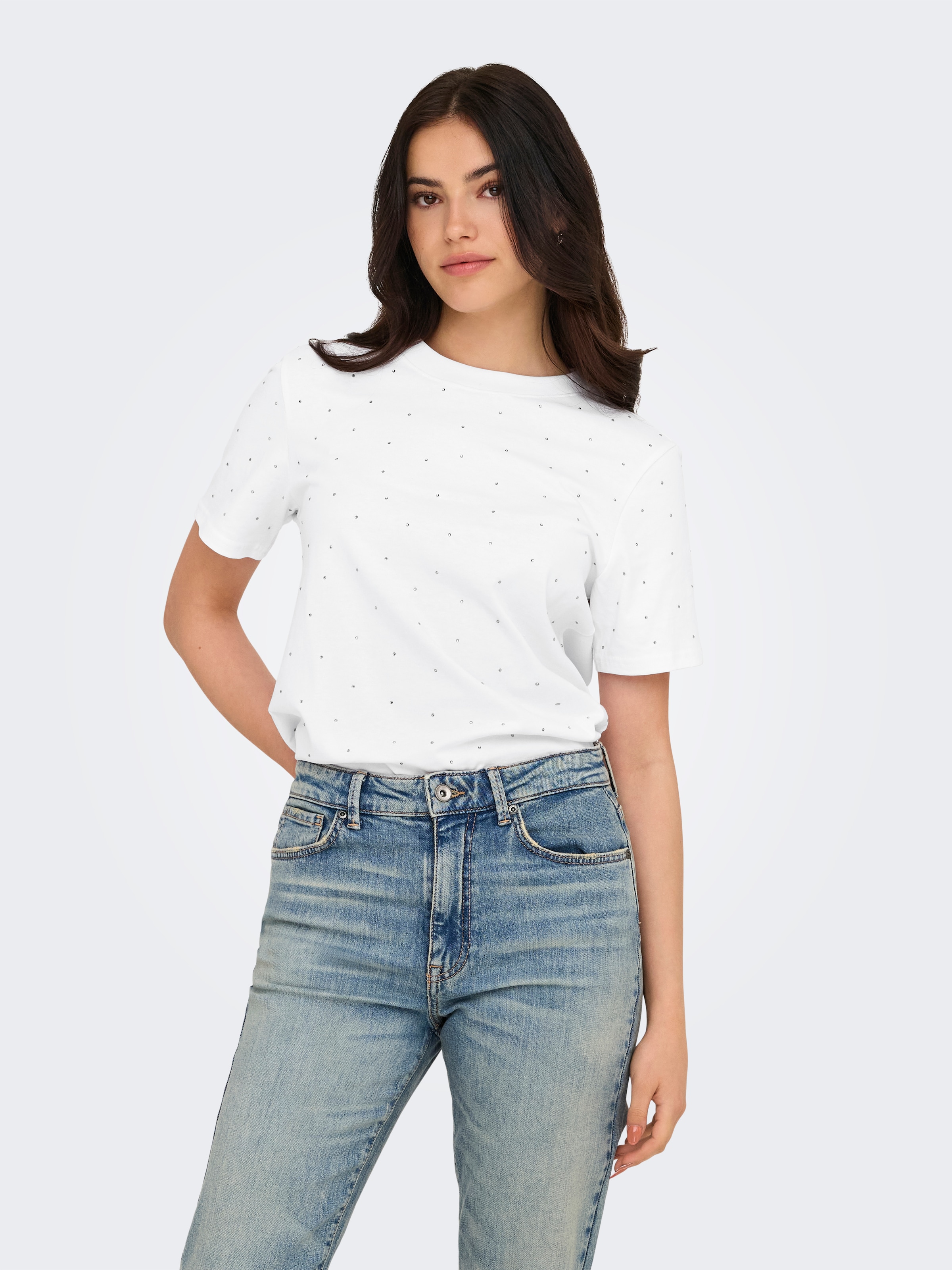 ONLY Kurzarmshirt »ONLMONJA S/S STUDS TEE JRS«, mit Glitzer-Effekt
