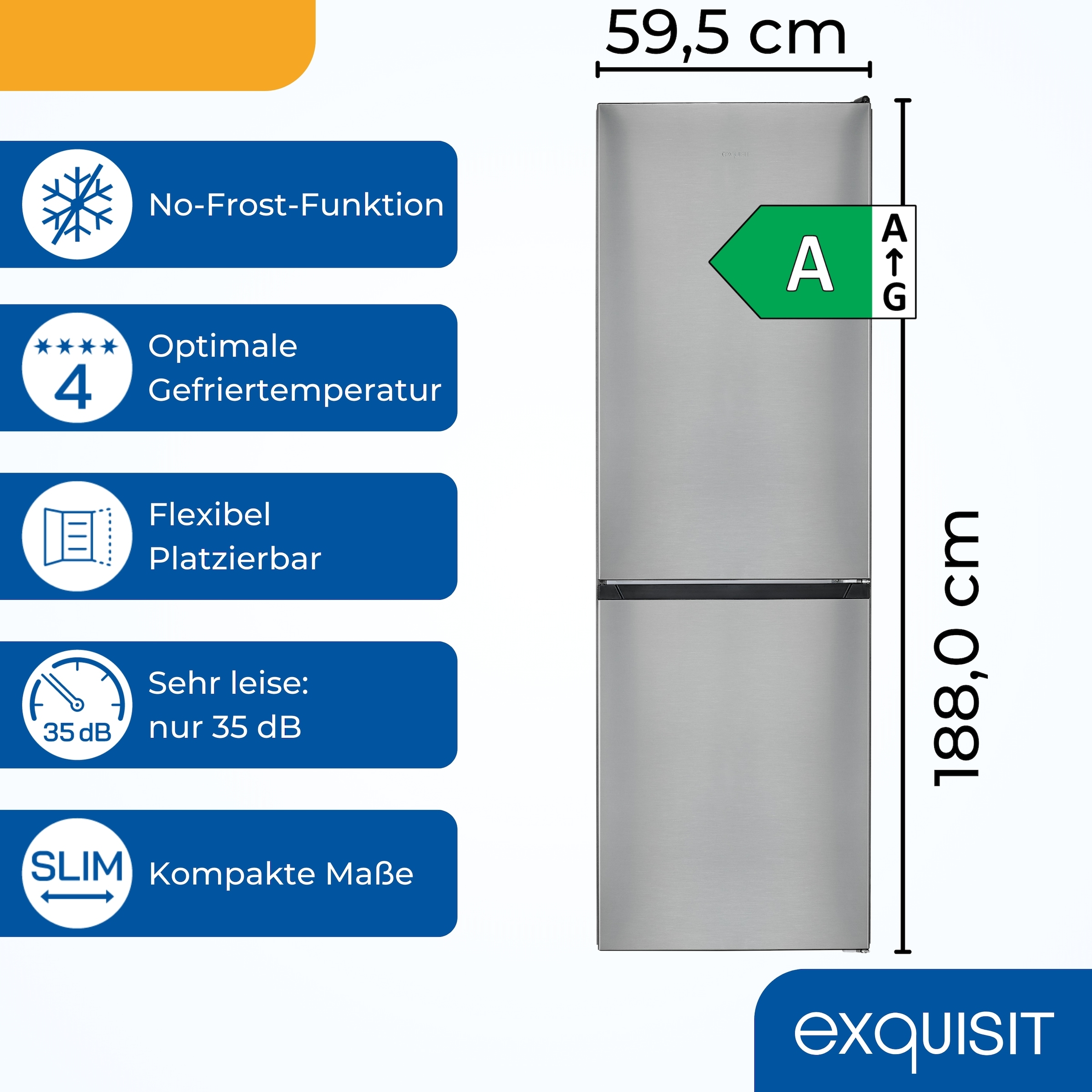 exquisit Kühl-/Gefrierkombination KGC320-100-NF-010A inoxlook »KGC320-100-NF-010A« 188 cm hoch 59,5 cm breit Flexibel & übersichtlich: Kühl-Gefrier-Kombi mit No-Frost & LED