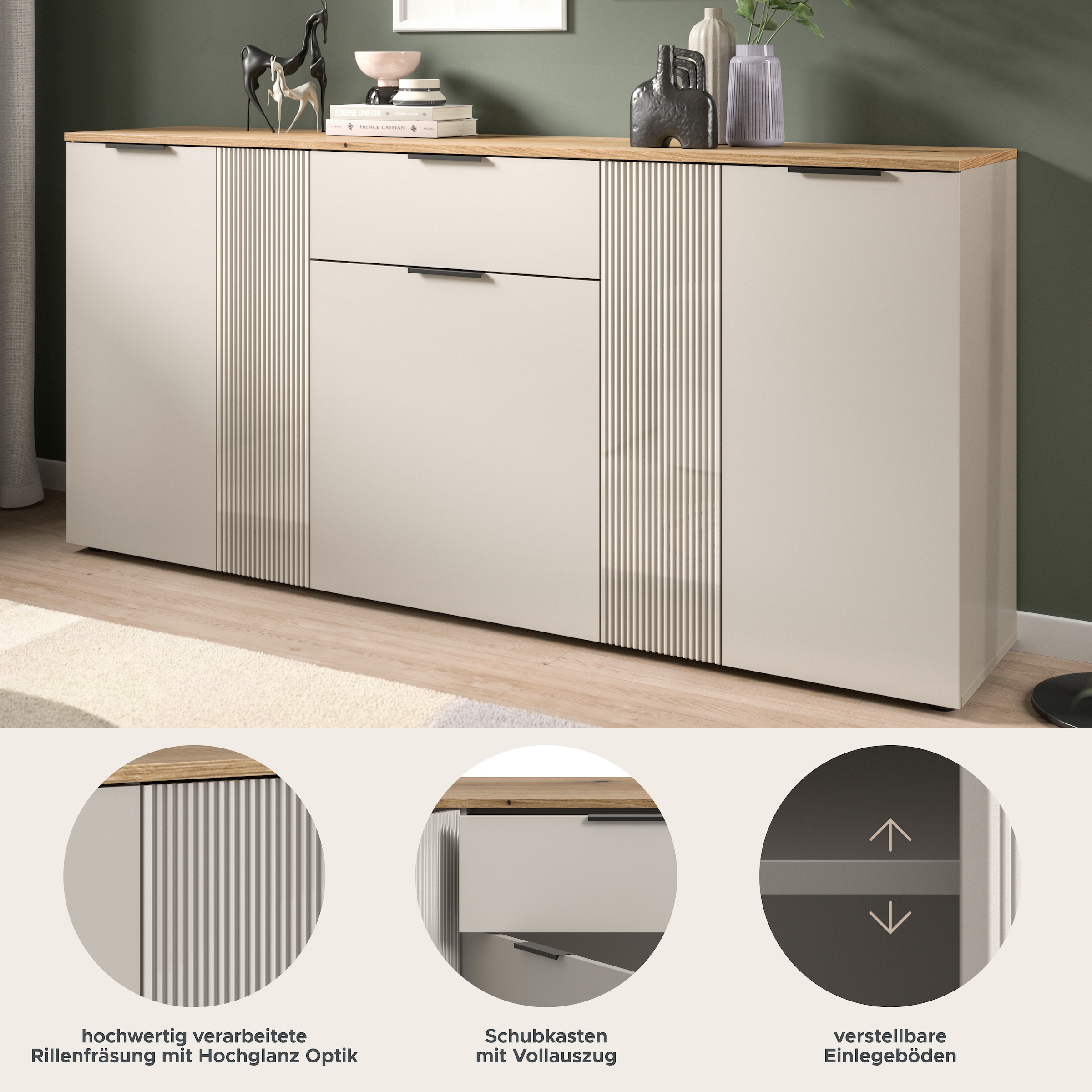 Home affaire Sideboard »EDIL, Breite 140 cm, 2 Türen, 4 Schubkästen, 2 Einlegeböden, 3 Fächer« Garderobenschrank, Schuhschrank, Schuhkommode, Kommode, Anrichte