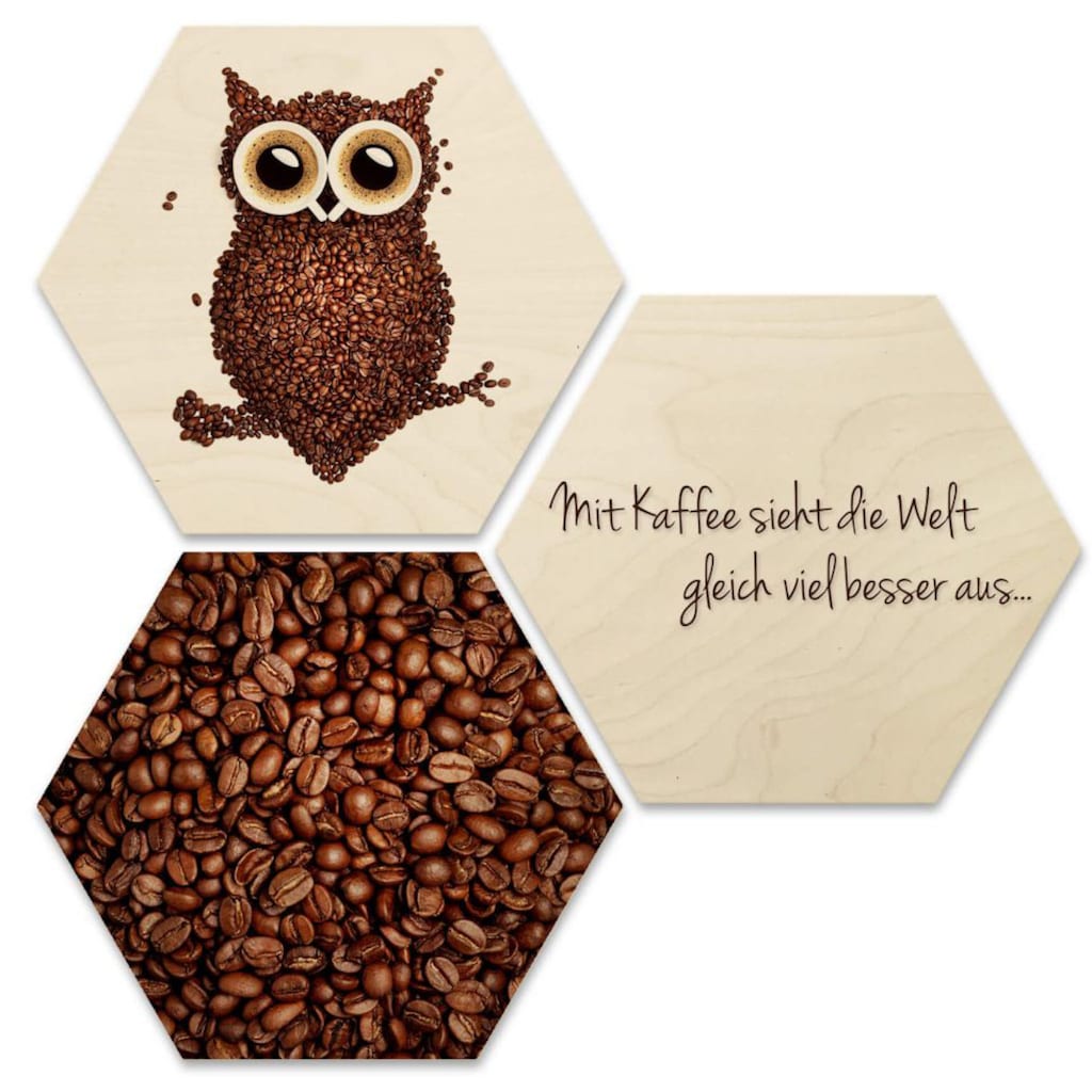 Wall-Art Mehrteilige Bilder »Collage Kaffee Eule Holzdeko«, Schriftzug, (Set, 3 St.)