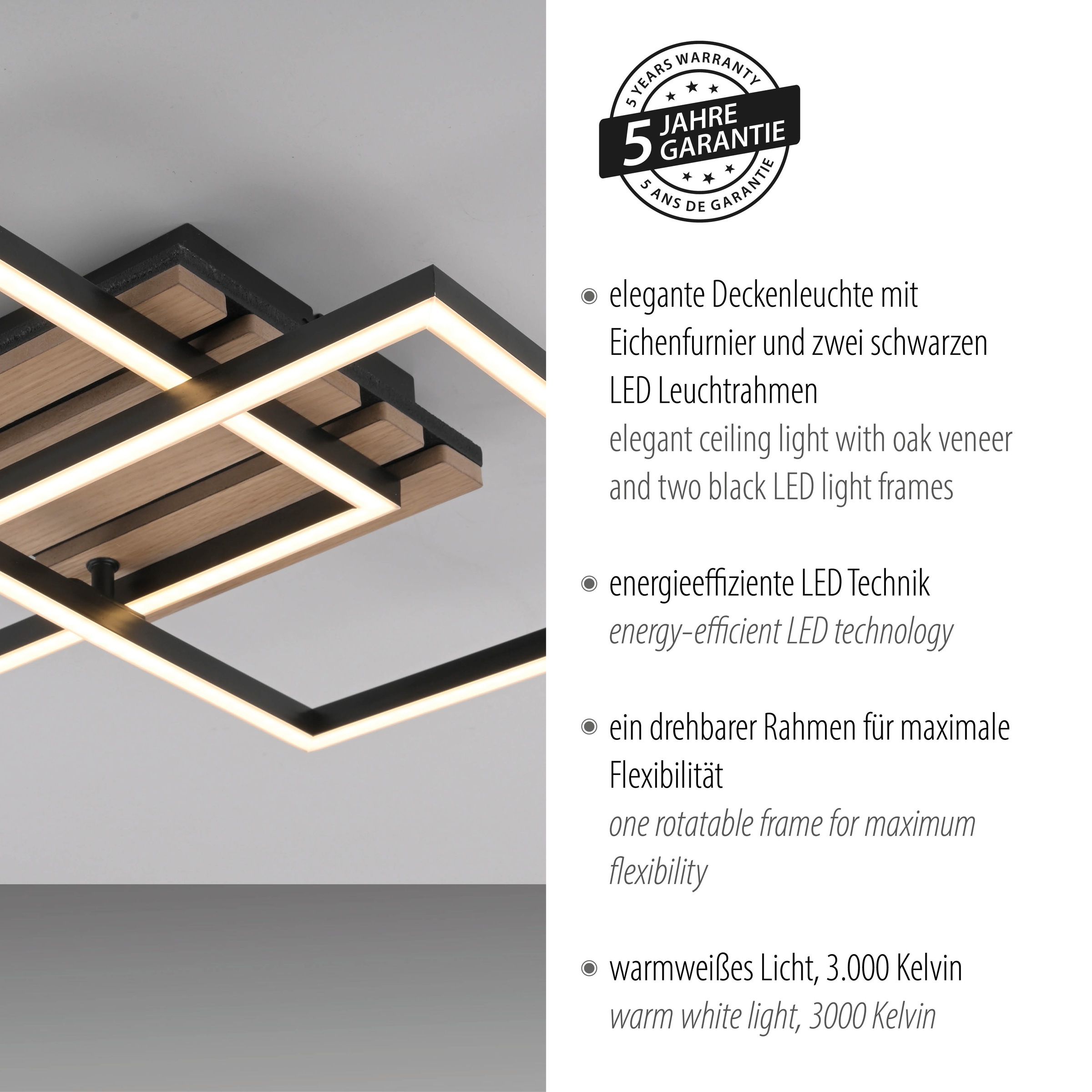 JUST LIGHT LED Deckenleuchte »AKUSTIKA« LED-Board 1 Stk. Warmweiß Eichenfurnier und schwarz, Rahmen drehbar