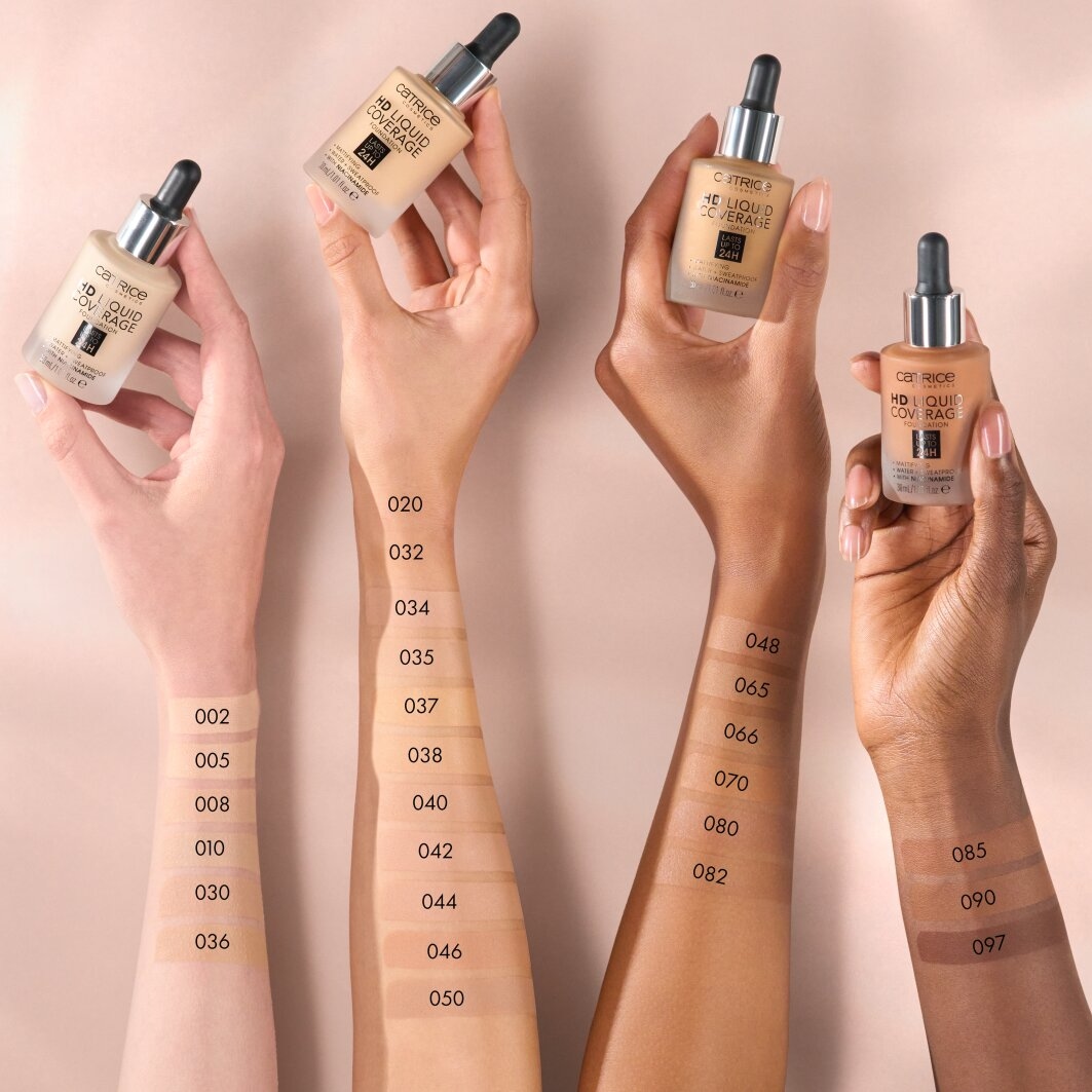 Catrice Foundation »HD Liquid Coverage Foundation«, Flüssig, mattierend, softe Textur, hohe Deckkraft, wasserfest.