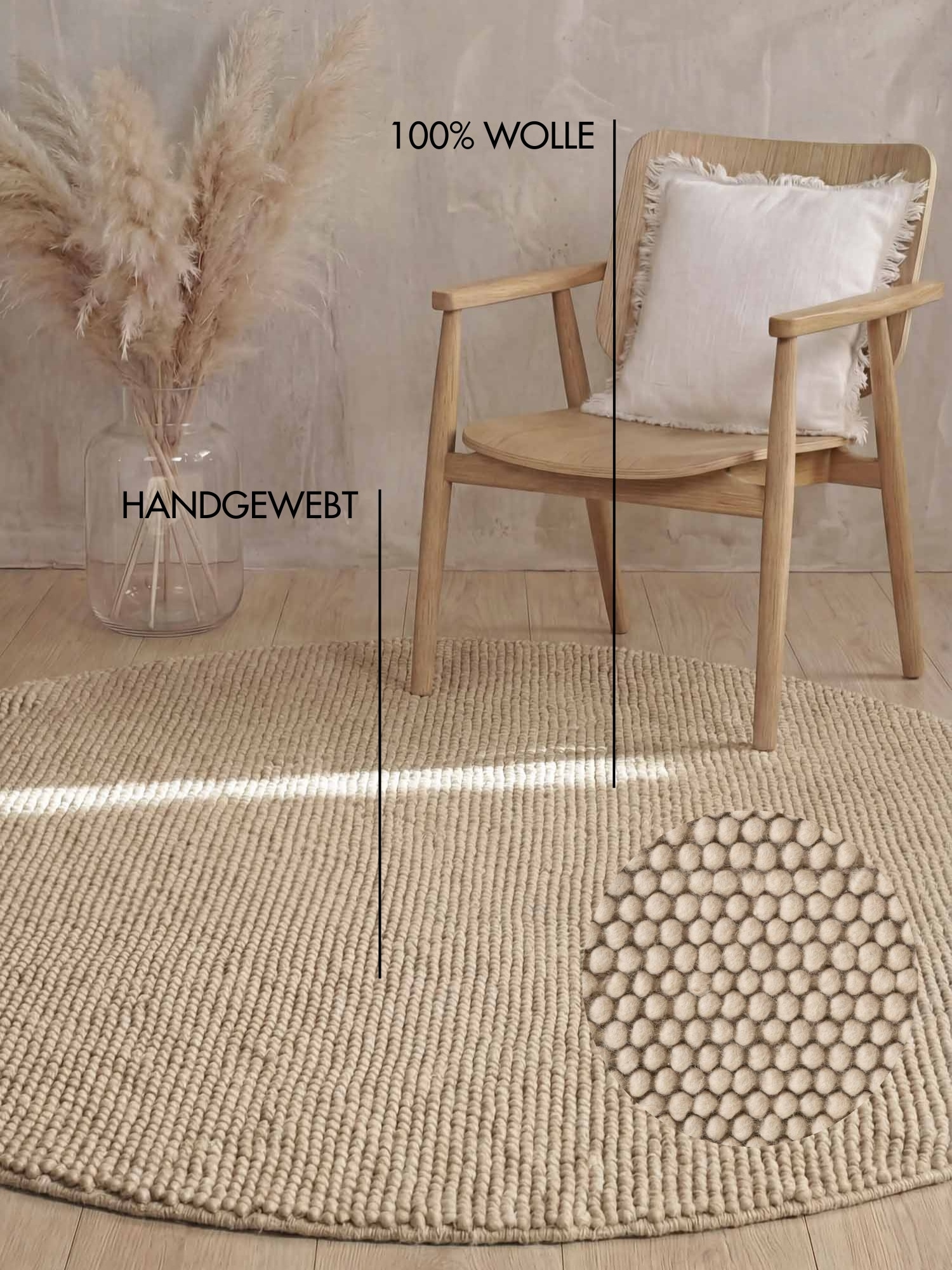 Ted Baker Wollteppich »Diana« rund 16 mm Höhe Wolle, Natur, Handgemacht, Wohnzimmer, Esszimmer, Schlafzimmer, Skandi