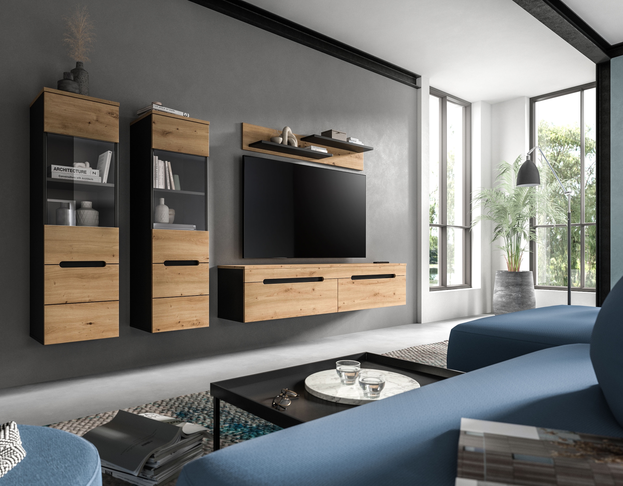 INOSIGN Wohnwand »REHAT, TOPSELLER!, 4-teilig, wahlweise stehend und hängend montierbar« Set bestehend aus: 2x Vitrine, Lowboard und Wandboard, 3 Stk. tlg.