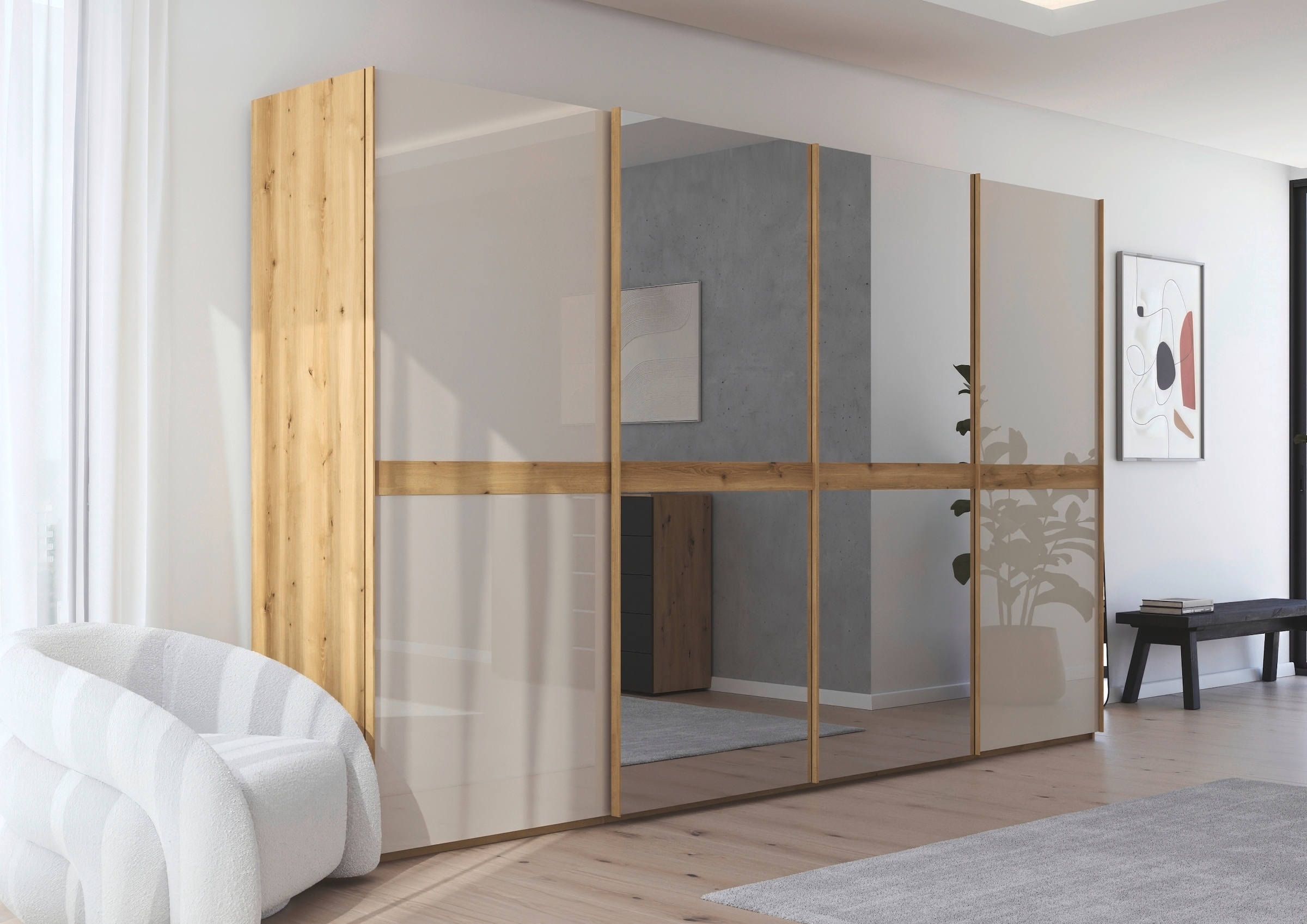 rauch Schwebetürenschrank »Kleiderschrank Schrank Garderobe Schlafzimmerschrank SCALE-LINE«, edle Optik mit Bauchbinde mit Glas/Spiegel-Front MADE IN GERMANY