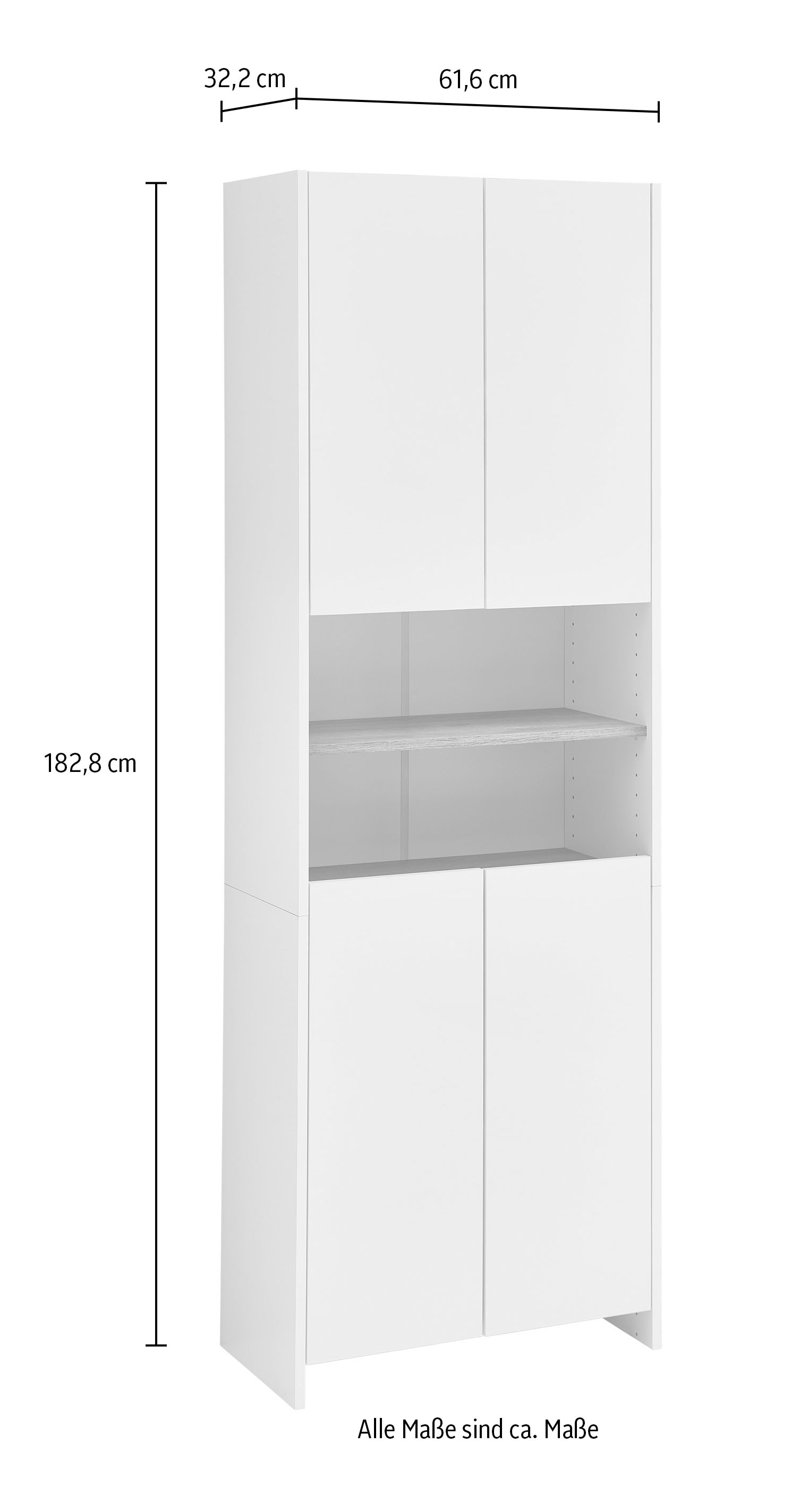 Saphir Hochschrank »Quickset 100, Badschrank 61,6 cm breit, 4 Türen«, 2 Einlegeböden, 2 offene Fächer, Badezimmer-Hochschrank, Akzentfuge