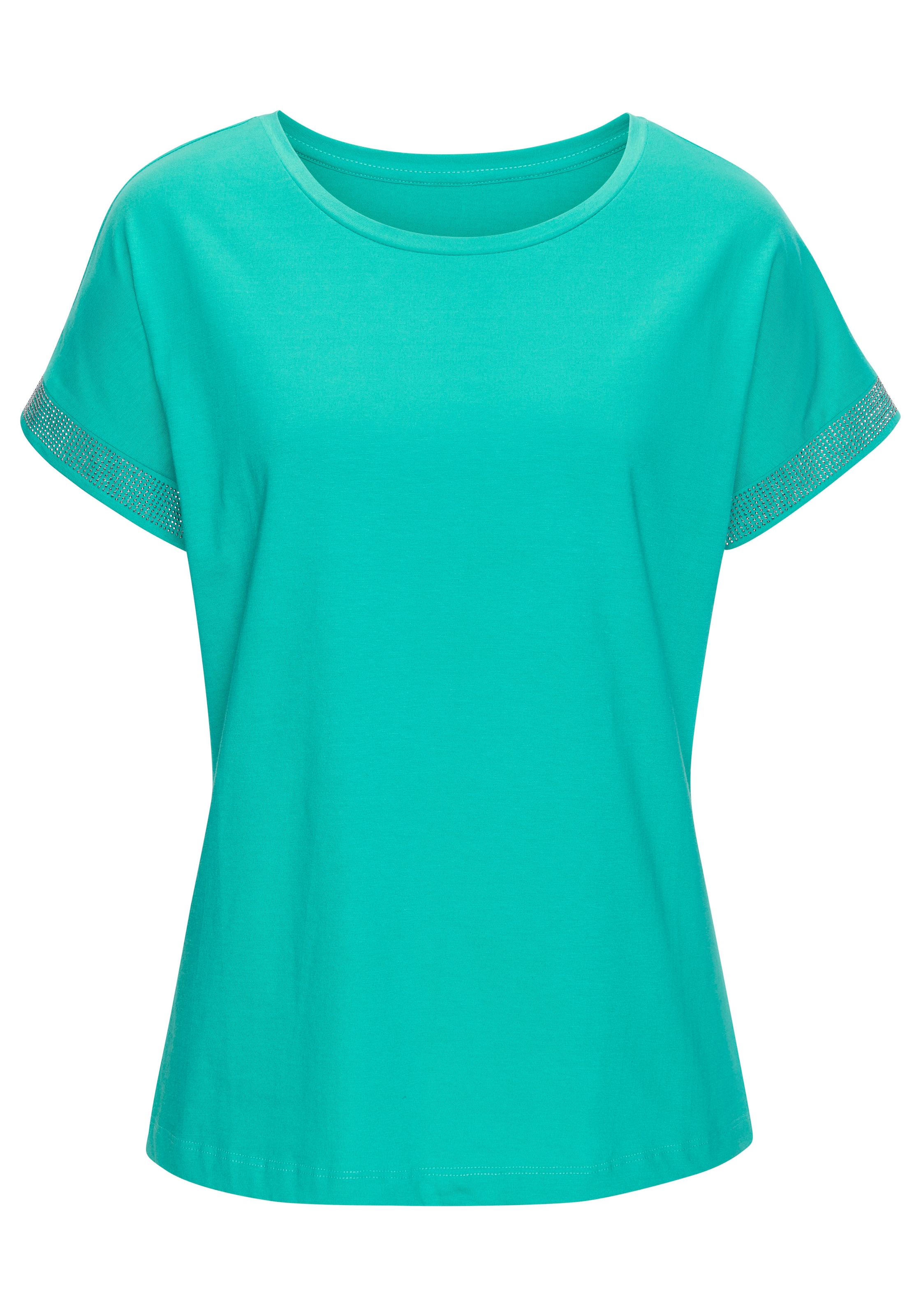 LASCANA Kurzarmshirt »mit glitzernem Strass-Design am Arm«, aus weicher Baumwoll-Qualität