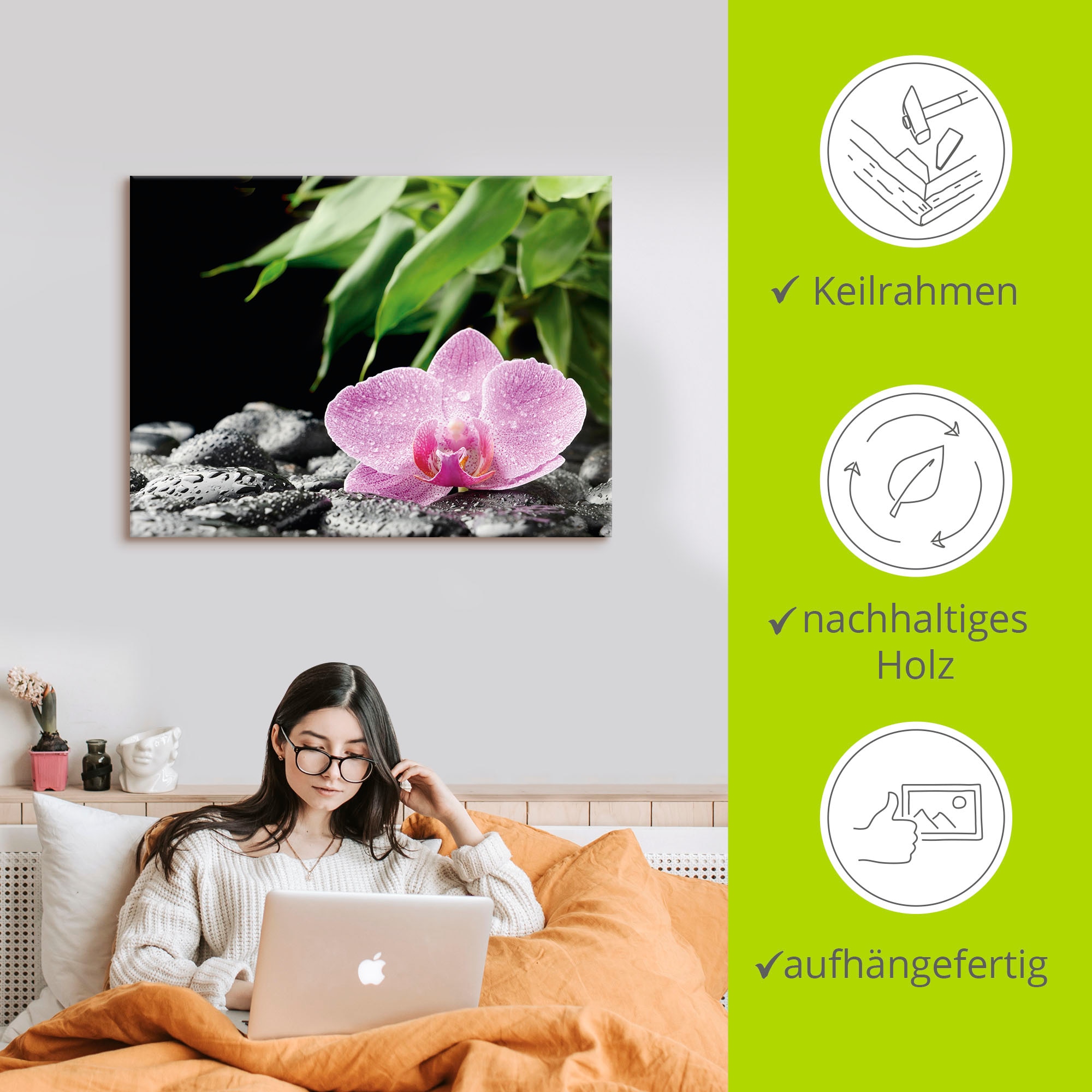 Artland Wandbild »Rosa Orchidee auf schwarzen Zen Steinen«, Blumen, (1 St.), als Leinwandbild, Poster in verschied. Größen