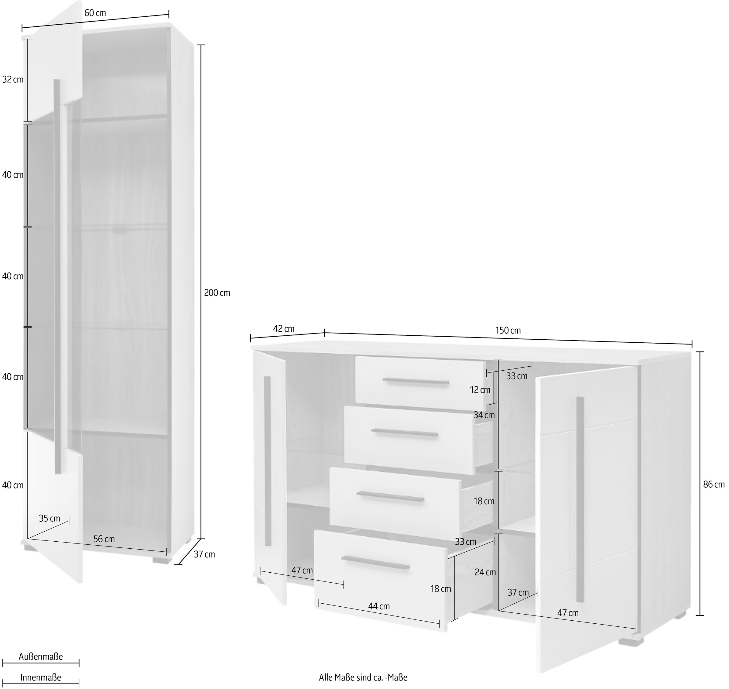Home affaire Wohnwand »Cantara, Anbauwand, Wohnzimmer-Set, in Eiche Evoke, Weiß oder Kaschmir« Set, 