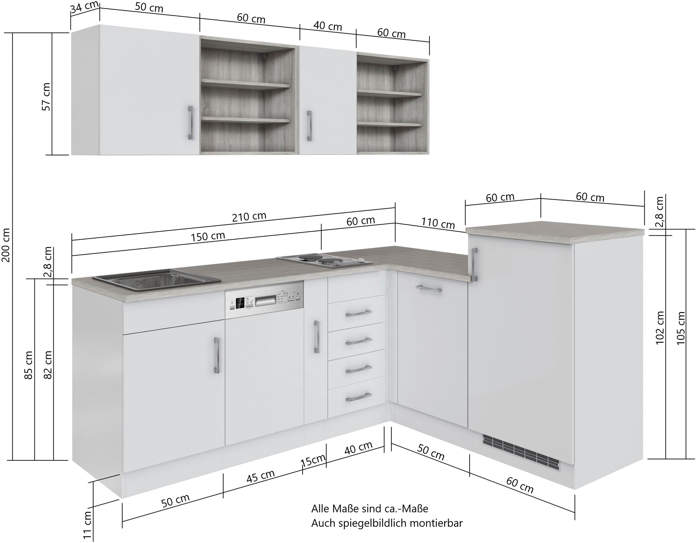 KOCHSTATION Küche »KS-Mali«, Stellbreite 210/170 cm, mit E-Geräten