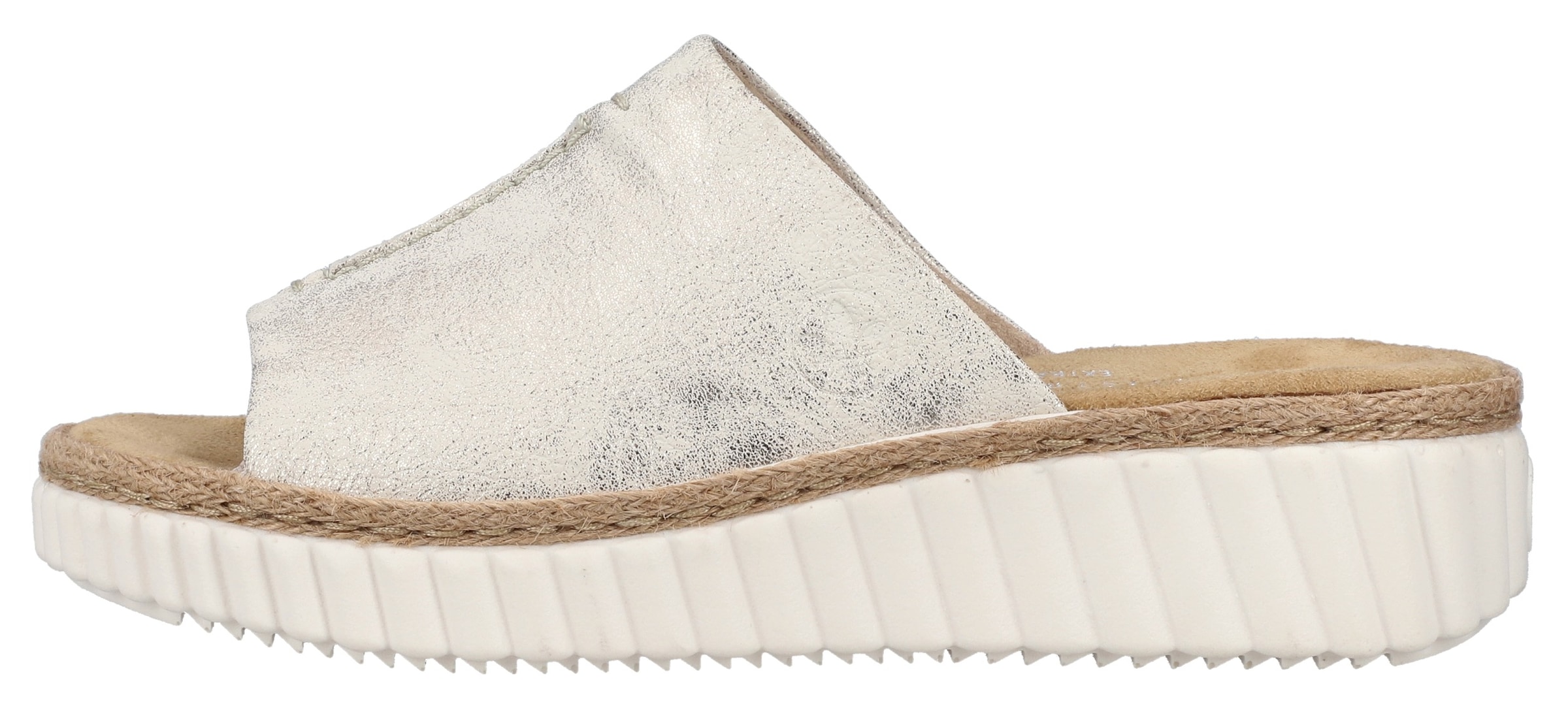 Rieker Pantolette, Keilabsatz, Sommerschuh, Schlappen mit Juterahmen an der Laufsohle