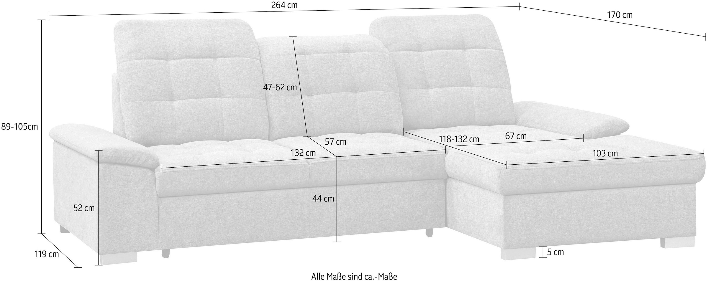 WERK2 Ecksofa »Carmen Bett+Bettkasten, Kopfstütze verst., Sitztiefe optional verst.« L-Form Sofa, Struktur weich, creme