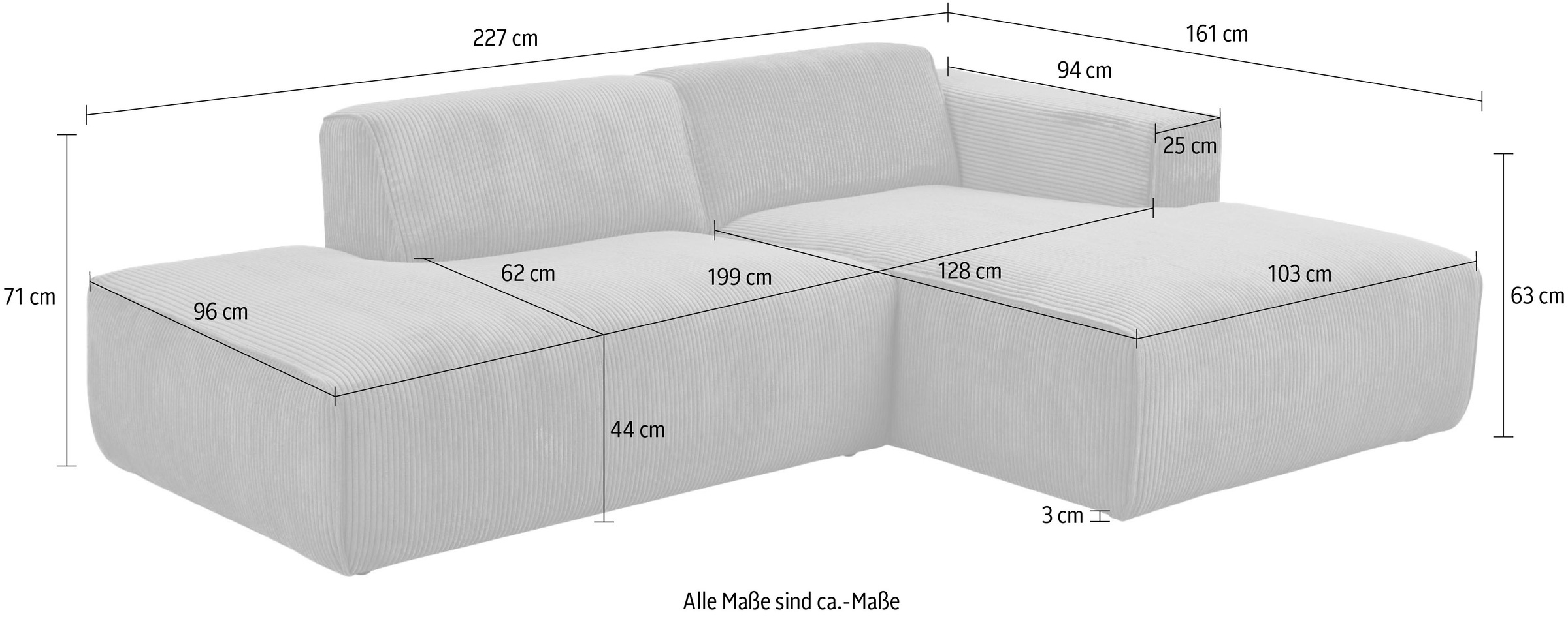 andas Ecksofa »Noord mit Kedernaht, Breite 227 cm«, Cord, Struktur, Webstoff, mit Wellenunterfederung, Massivholzrahmen