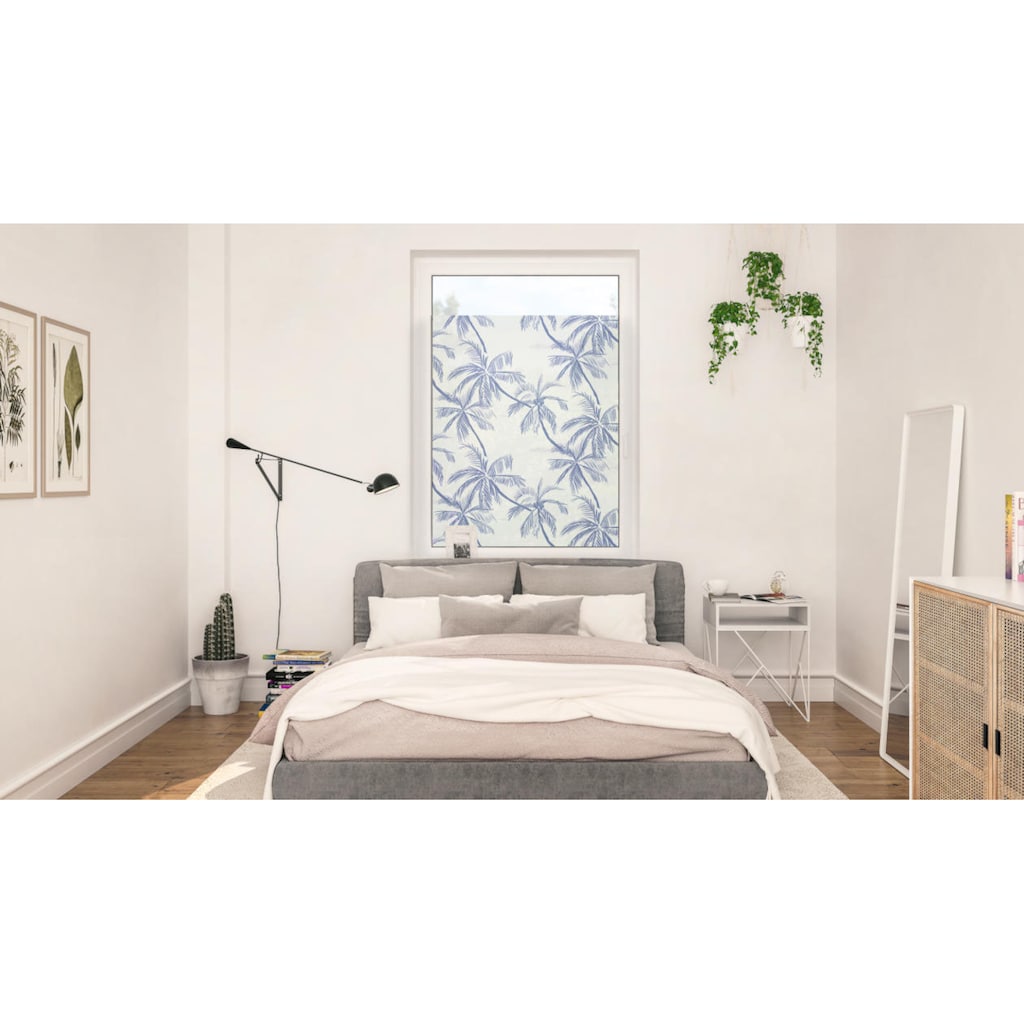 LICHTBLICK ORIGINAL Fensterfolie »Fensterfolie selbstklebend, Sichtschutz, Blueprint Palms - Blau«, 1 St., blickdicht, glattstatisch haftend
