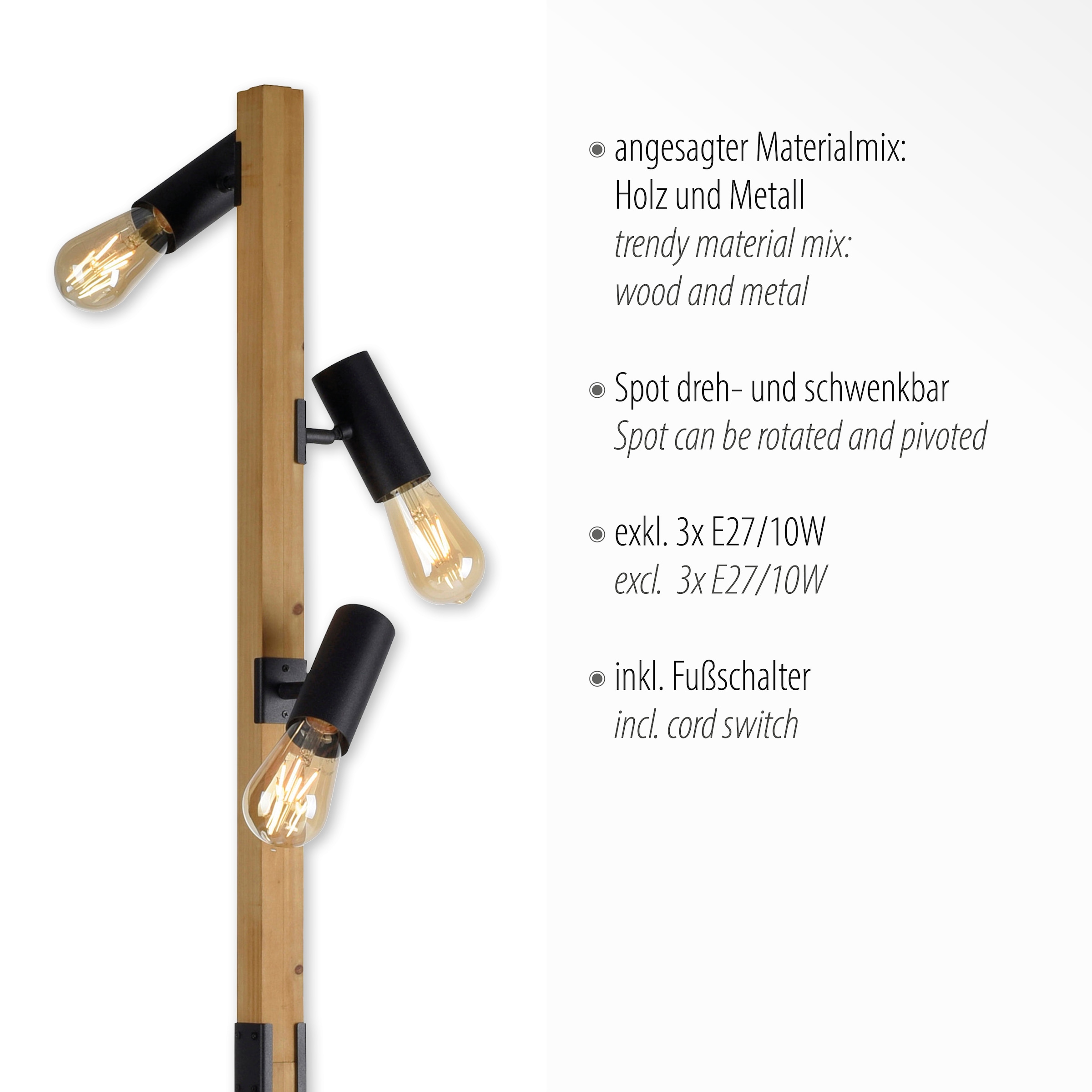 JUST LIGHT Stehlampe »PILON«, 3 flammig, Leuchtmittel E27 | ohne Leuchtmittel, ExklusiveE27, Schalter, Fußschalter