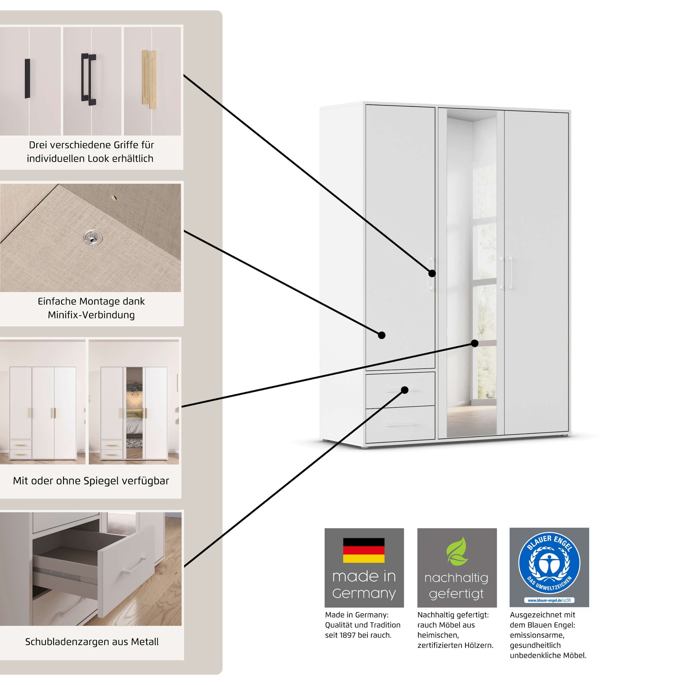 INOSIGN BY RAUCH Kleiderschrank »Schrank Garderobe Schlafzimmer Stauraum PAULLY TOPSELLER Wäscheschrank«, (mit 3 unterschiedlichen Griff-Varianten), OTTOS CHOICE 3 Griffvarianten MADE IN GERMANY