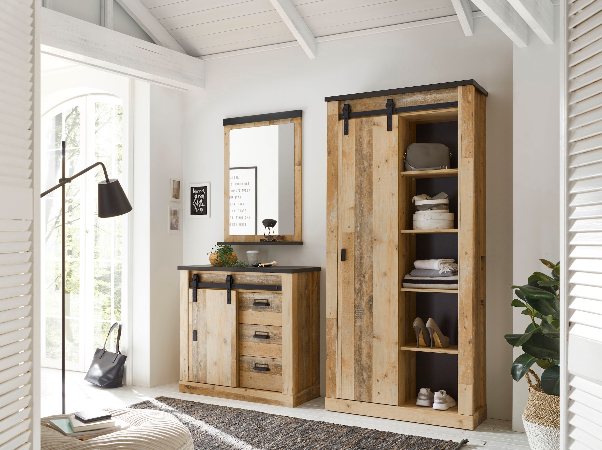 Home affaire Garderoben-Set »SHERWOOD«, (3 St.), mit Scheunentorbeschlag, Apothekergriffe aus Metall