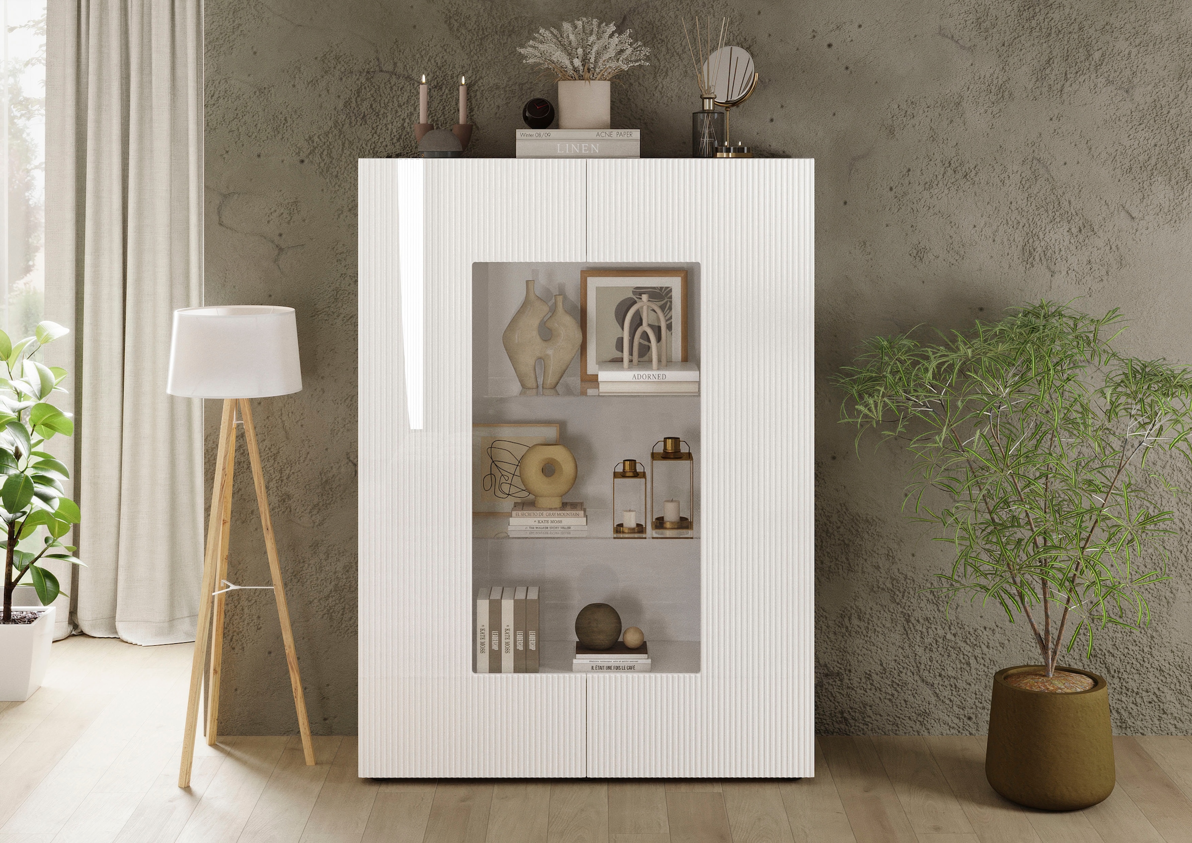 INOSIGN Vitrine »RIO, Höhe 166 cm, Hochschrank mit 2 Türen, Anrichte, Standvitrine«, Vitrinenschrank, geriffelte MDF-Fronten, modern, elegant, geräumig