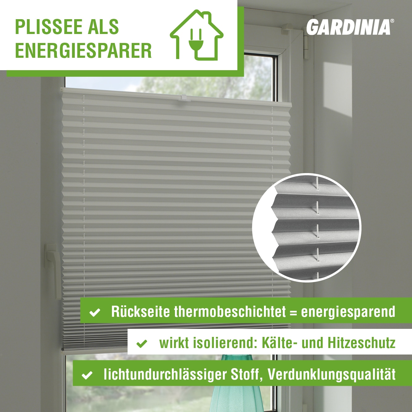 GARDINIA Plissee »Easyfix Thermo-Plissee mit 2 Bedienschienen Energiesparend«, verdunkelnd, energiesparend, ohne Bohren, verspannt, energiesparend, abdunkelnd mit Thermobeschichtung