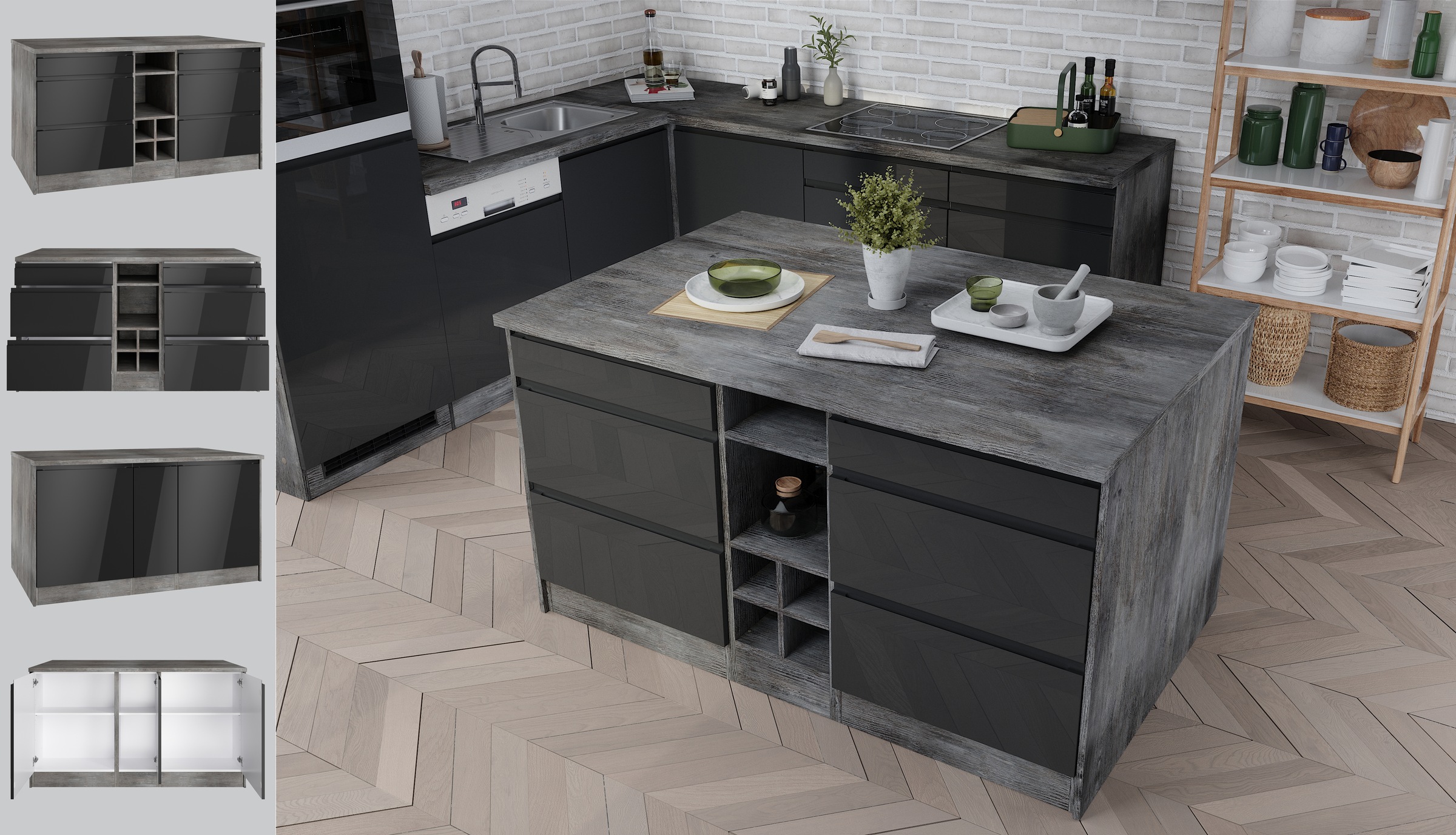 KOCHSTATION Kücheninsel »KS-Virginia«, Breite 153 cm, MDF-Fronten, Flaschenregal