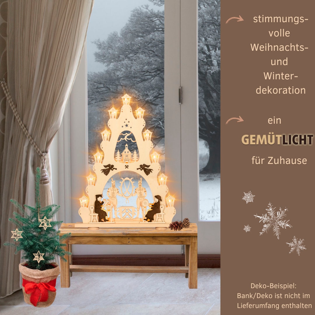 Weigla LED Schwibbogen »Erzgebirge, große Lichterspitze, Bergmann NATUR-BRAUN«, Erzgebirge garantiert, Weihnachtsdeko Innen, Weihnachtsbeleuchtung