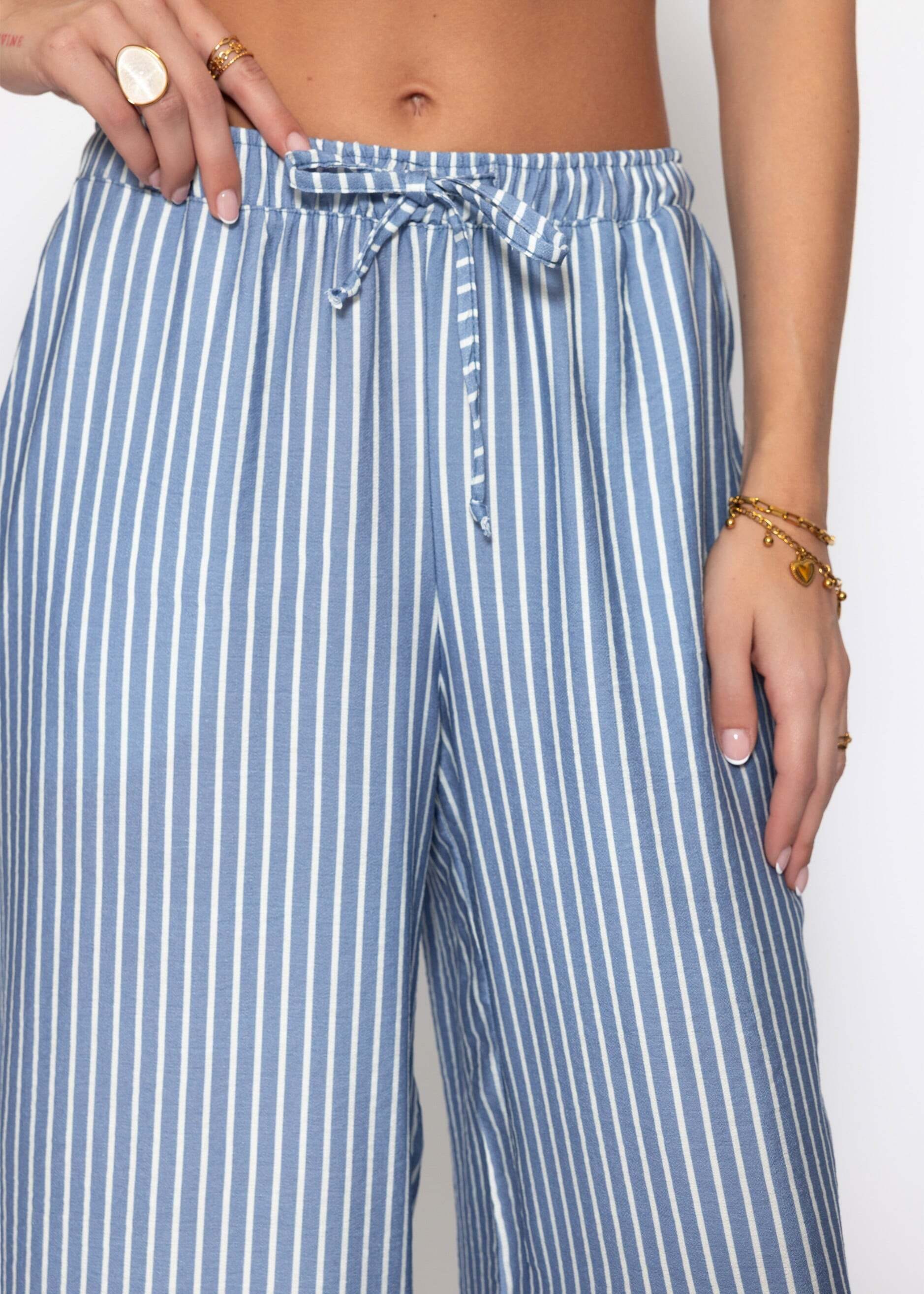 SASSYCLASSY Stoffhose »Wide Leg Hose mit Streifen und Bindeband«  Fließende Stoffhose mit Eingriffstaschen in High Waist Sitz Blau