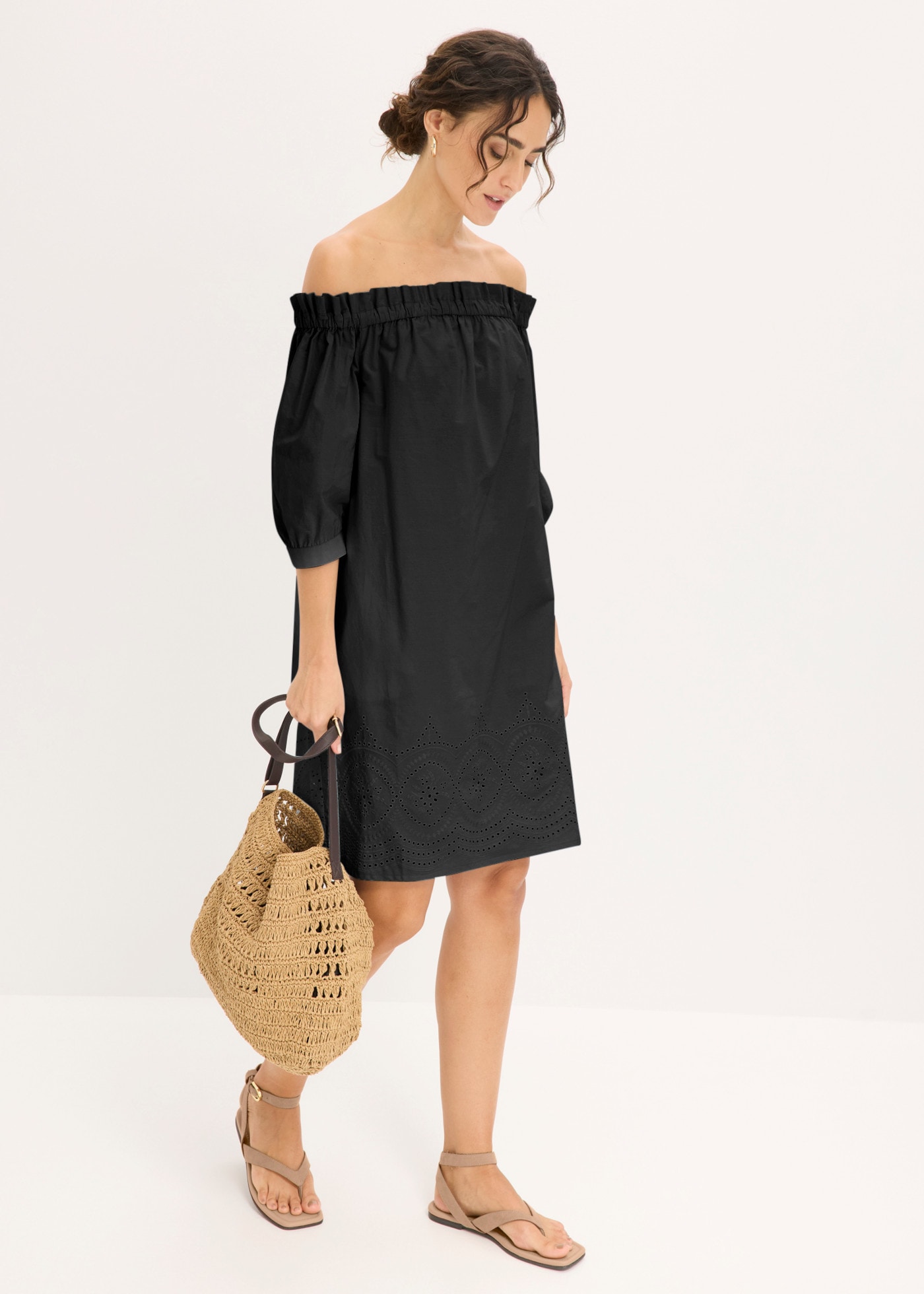 bonprix Off-Shoulder-Kleid aus Baumwolle, mit Stickerei, lässige Passform