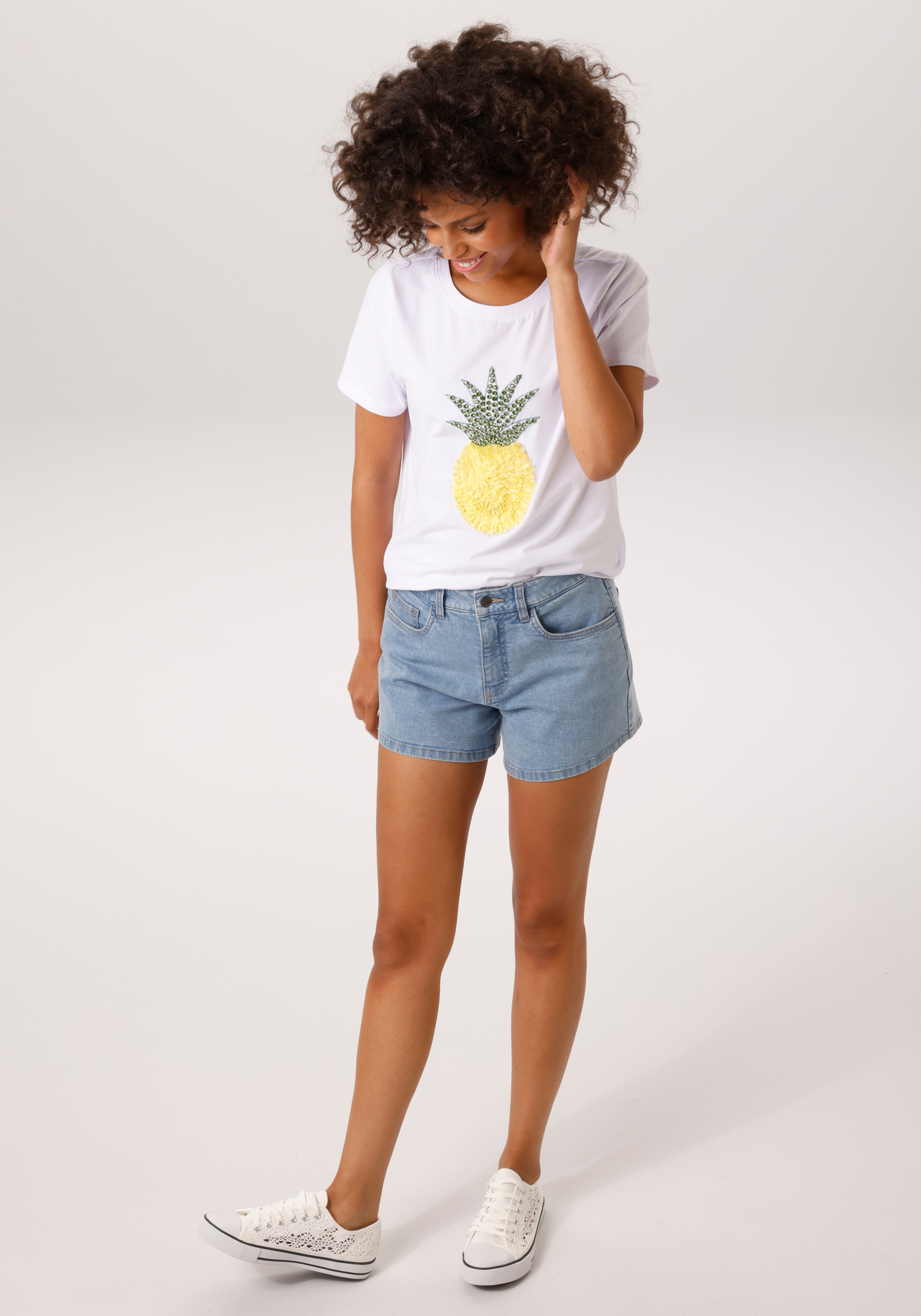 Aniston CASUAL T-Shirt mit Glitzersteinchen verzierter Ananas-Applikation - NEUE KOLLEKTION