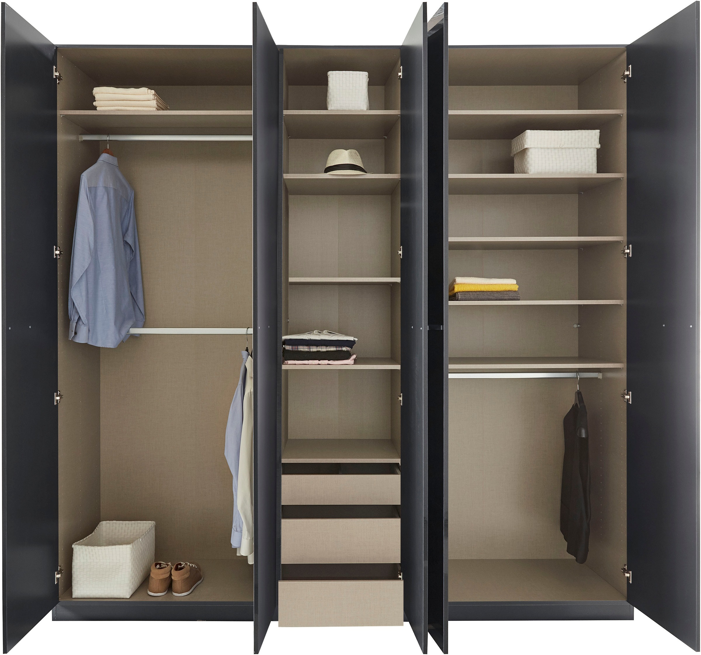 rauch Drehtürenschrank »Kleiderschrank Schrank Garderobe TOPSELLER OTELI inkl. Inneneinteilung«, (erhältlich in Breiten 91-360 cm, ab Breite 136cm inkl. Innenschubladen), mit zusätzlichen Einlegeböden, optional mit Spiegel MADE IN GERMANY
