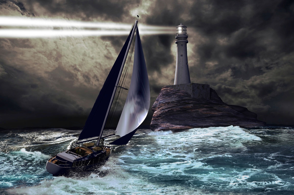 Fototapete »Schiff mit Leuchtturm«