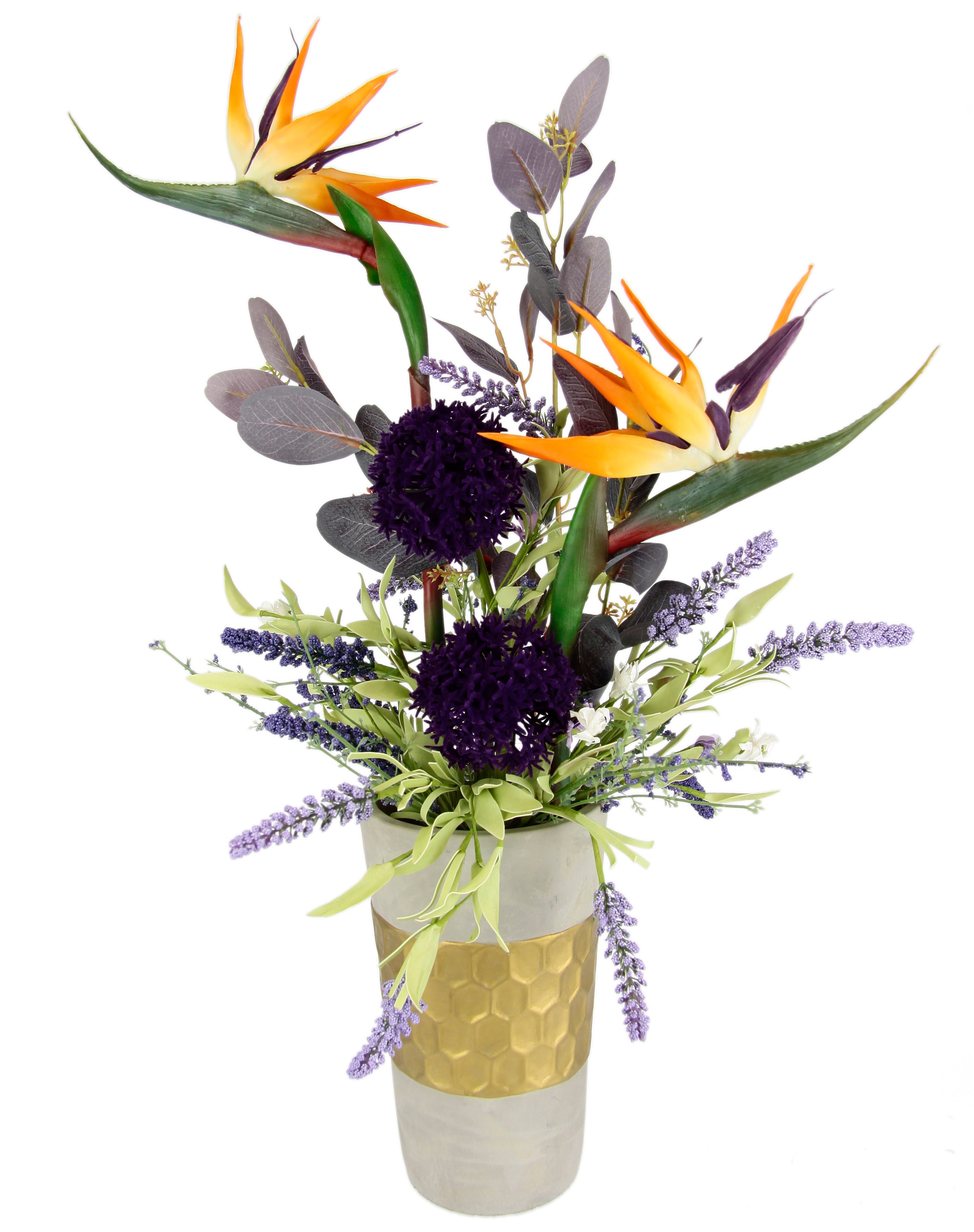Kunstblume »Gesteck aus Strelitzie, Allium und Lavendel«