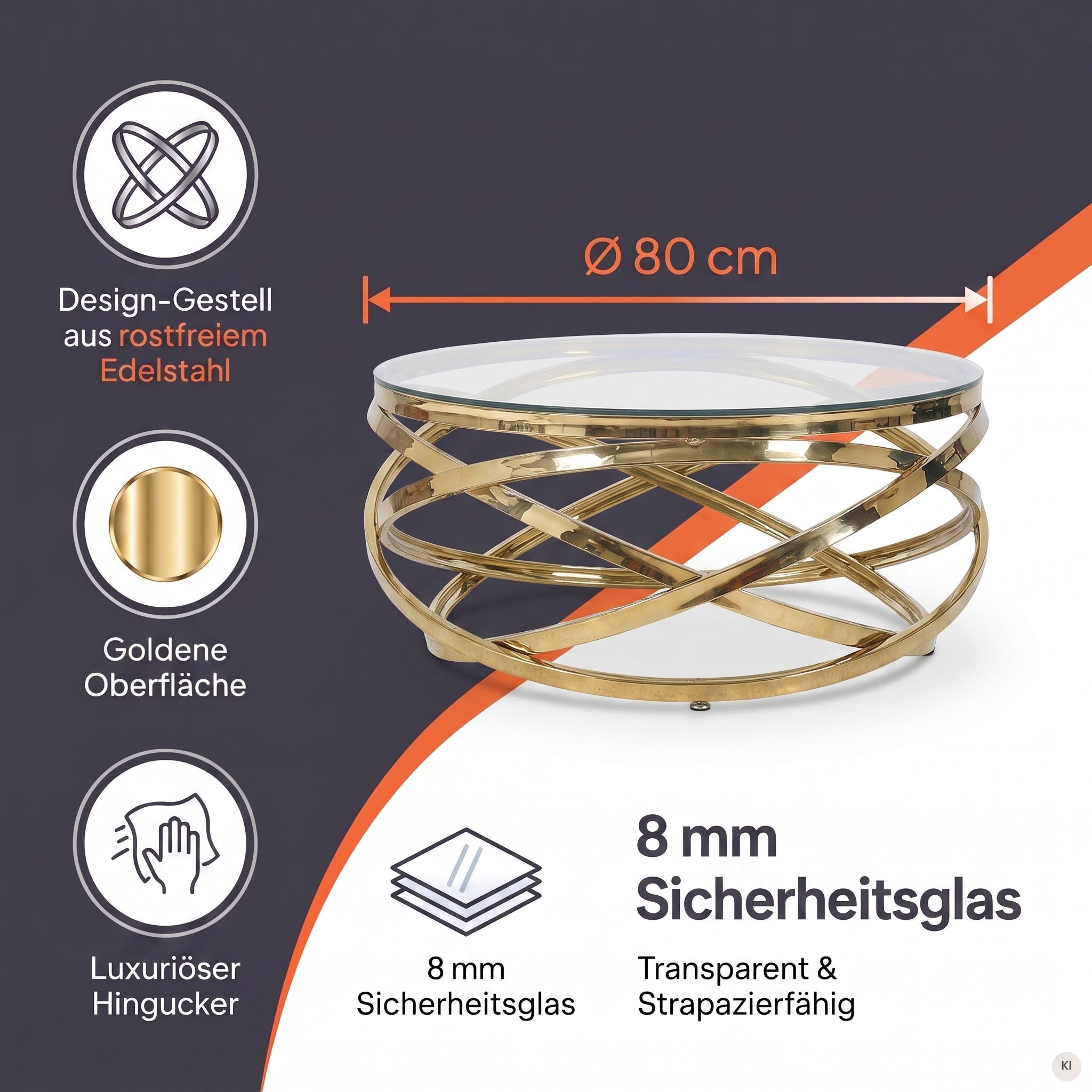 SalesFever Couchtisch »mit Design-Gestell in Stainless Steel für stilvolles Wohnen« Gestell gefertigt aus rostfreiem Edelstahl