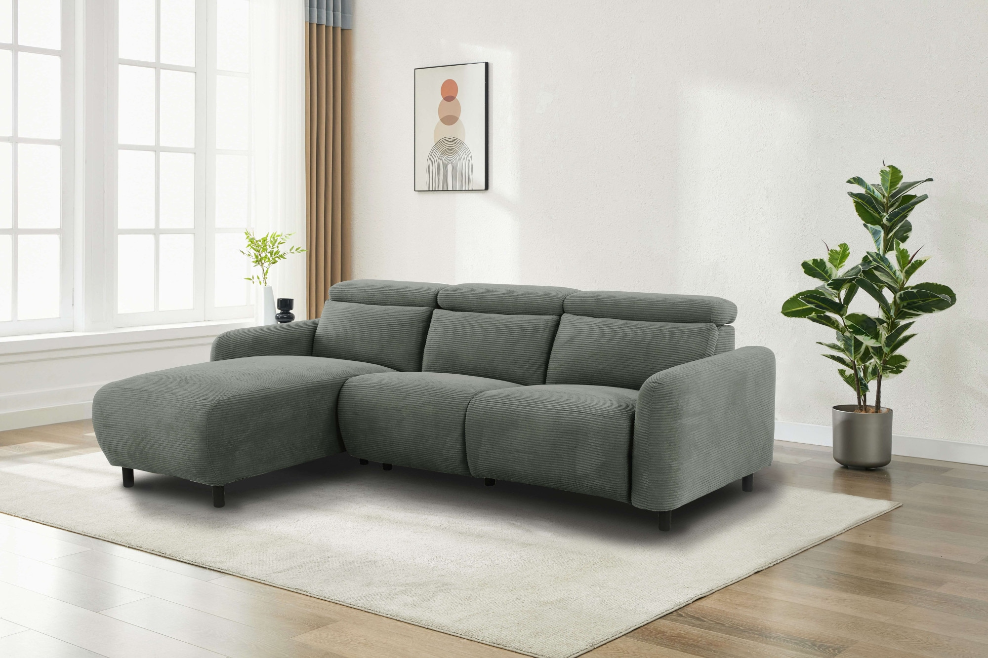 Home affaire Ecksofa »SKAANE in Cord, L-Form, 274 cm, manuelle u. elektrische Funktion,«, rundes Design, Kopfteilverstellung, Federkernpolsterung