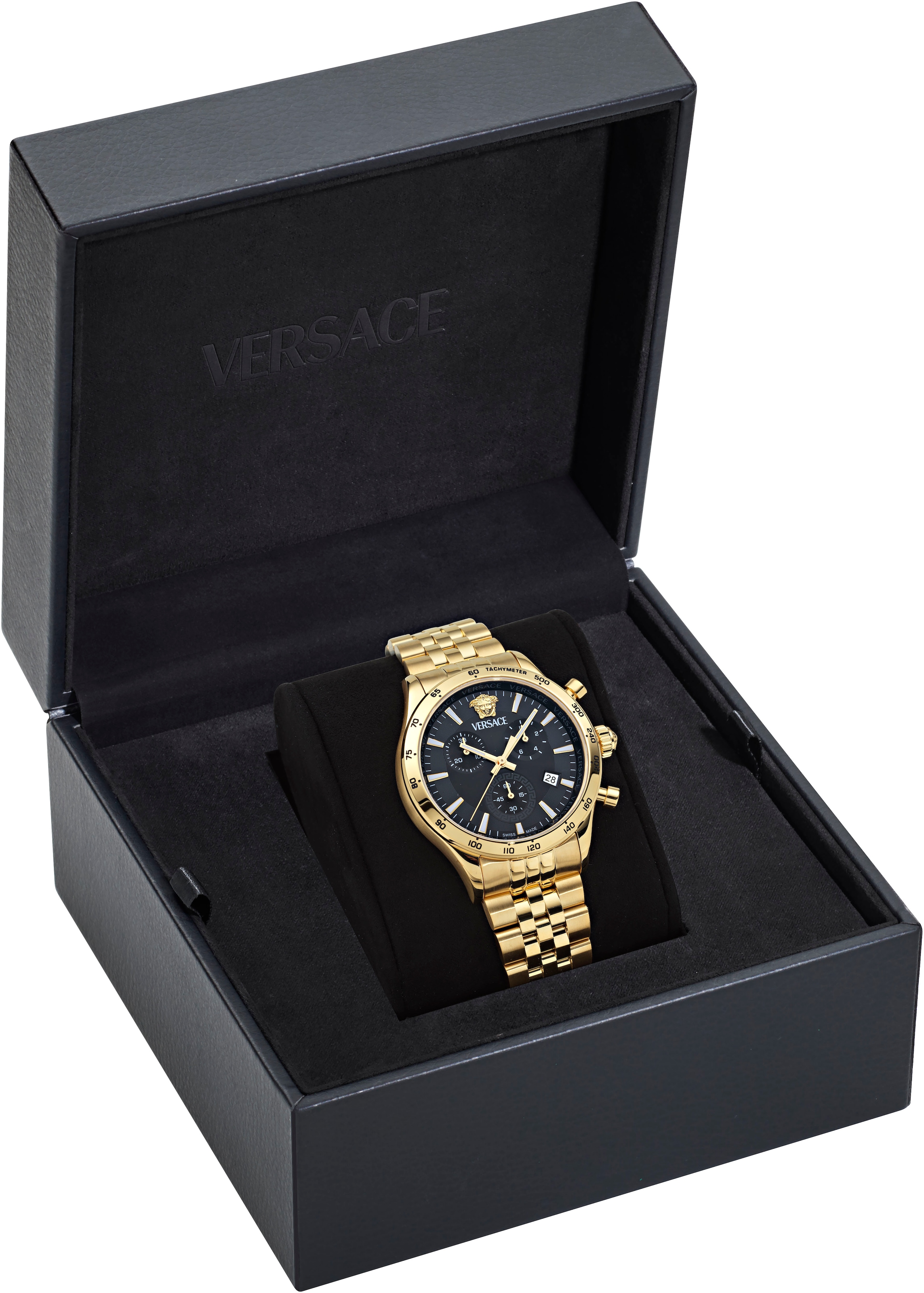 Versace Chronograph »HELLENYIUM CHRONO PETITE«, Quarzuhr, Armbanduhr, Herrenuhr,Swiss Made,Edelstahlband,Stoppfunktion