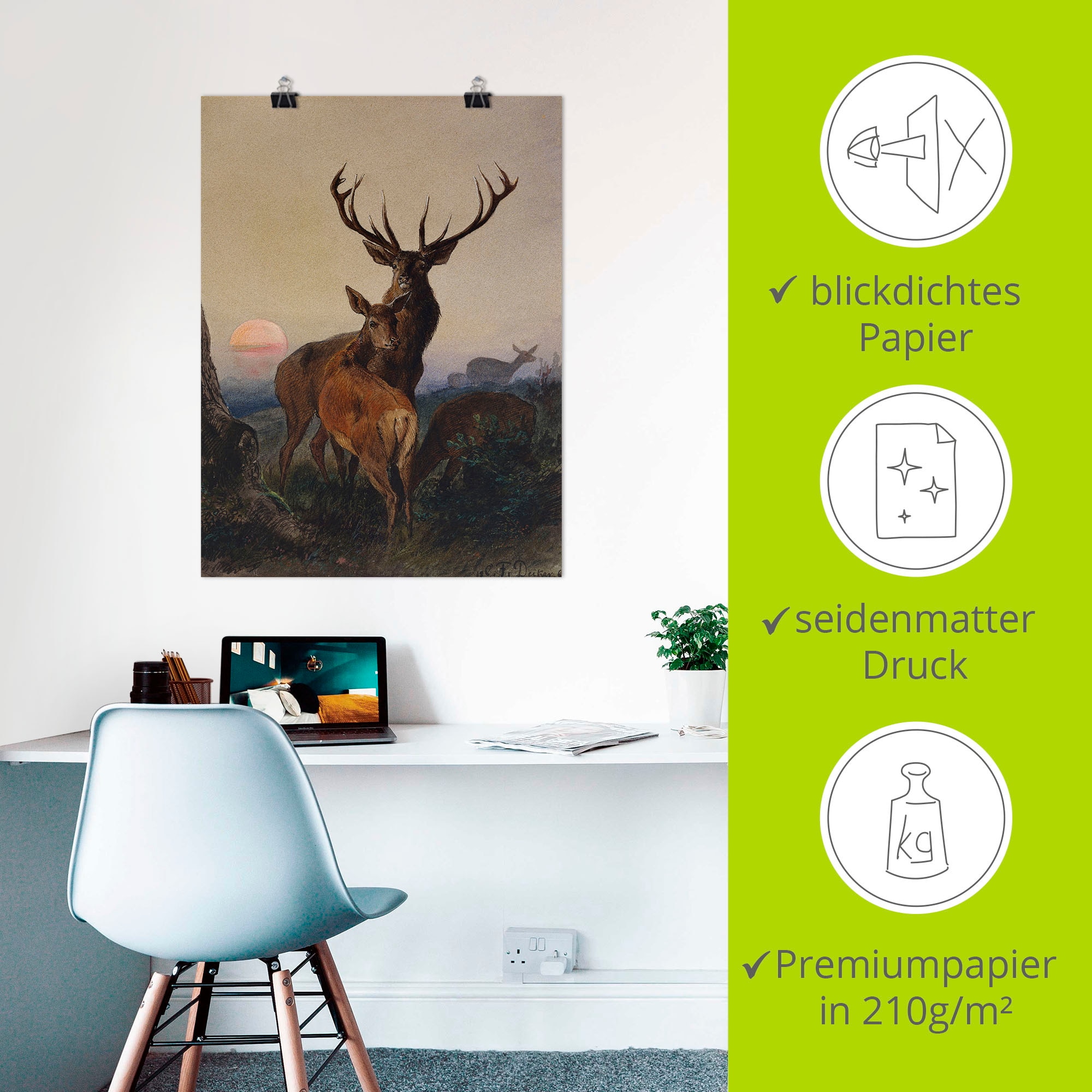 Artland Wandbild »Hirsch und ein Reh bei Sonnenuntergang«, Wildtiere, (1 St.), als Leinwandbild, Poster, Wandaufkleber in verschied. Größen