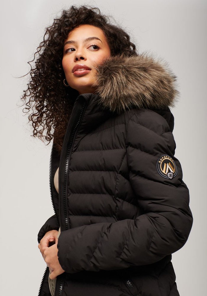 Superdry Steppjacke »FUJI FAUX FUR HOOD MID LENGTH«, mit Kapuze