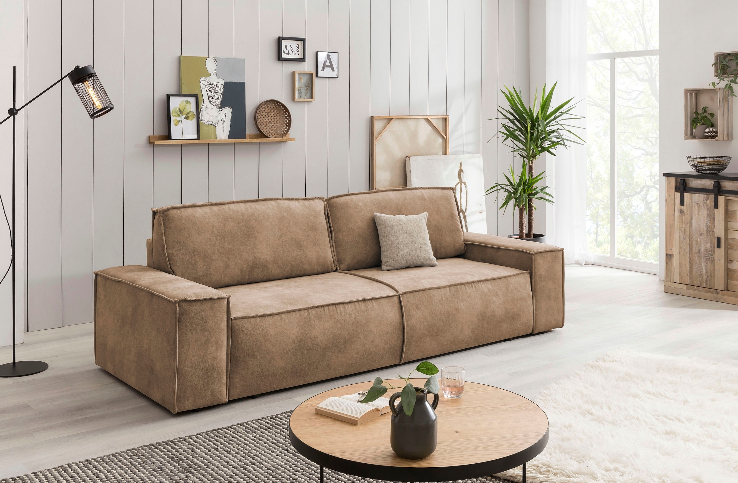 Home affaire 3-Sitzer »SHERWOOD Schlafsofa (257cm) Cord, Samtvelours, Vintage-Lederoptik«, Schlaffunktion mit Bettkasten (ca. 136/200cm)