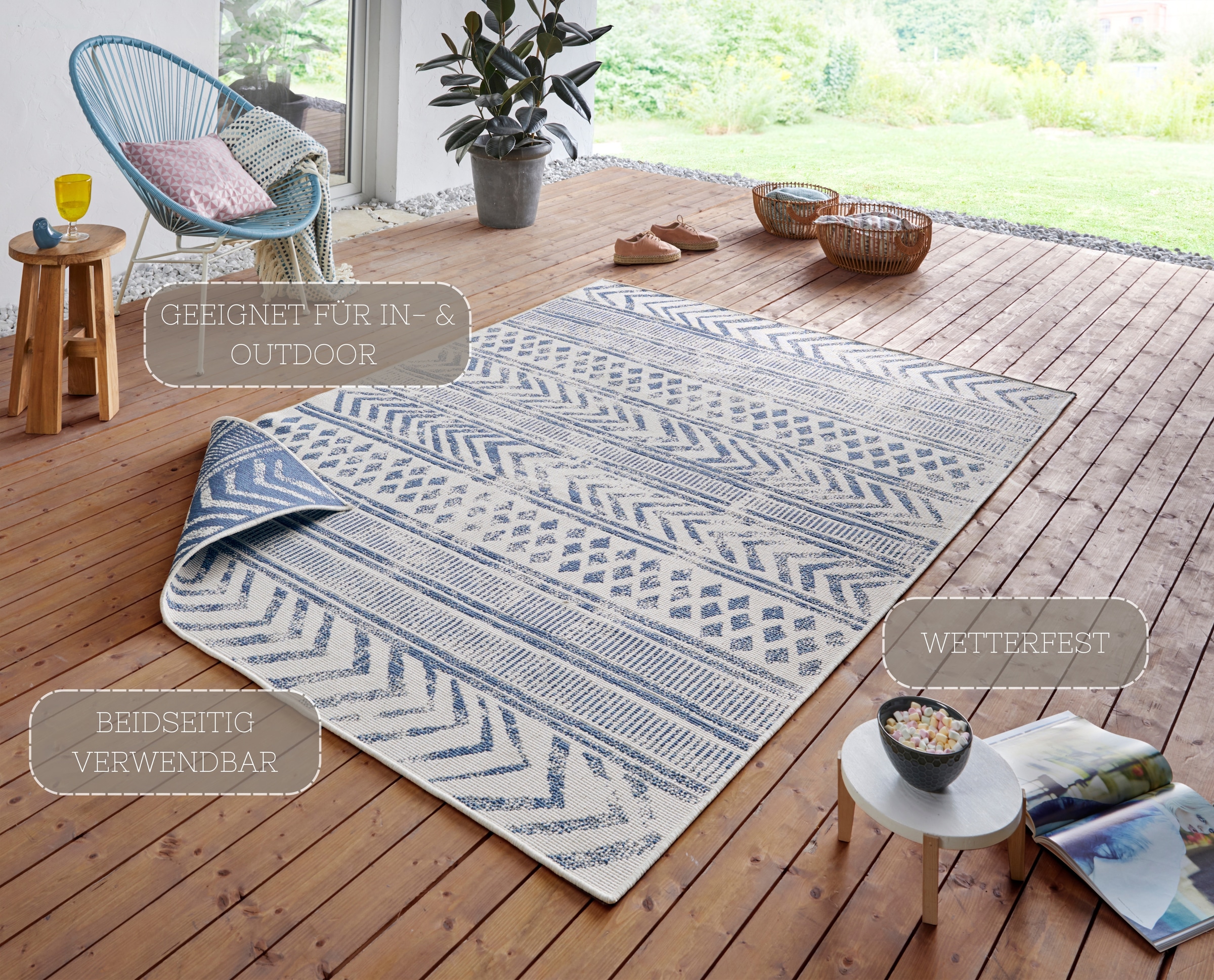 NORTHRUGS Teppich »BIRI Wendeteppich«, rechteckig, 5 mm Höhe, In-& Outdoor, Wetterfest, Balkon, Läufer, Wohnzimmer, Wasserfest, Boho