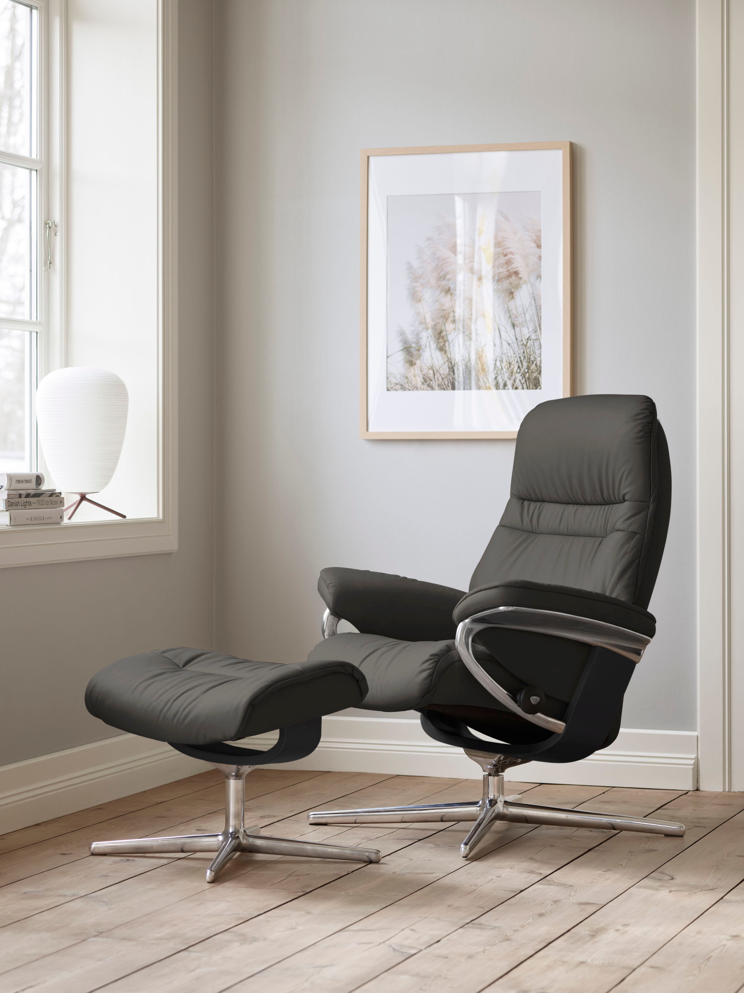 Stressless® Relaxsessel »Sunrise« Set, Relaxsessel mit Hocker,  mit Hocker, mit Cross Base, Größe S, M & L, Holzakzent Schwarz