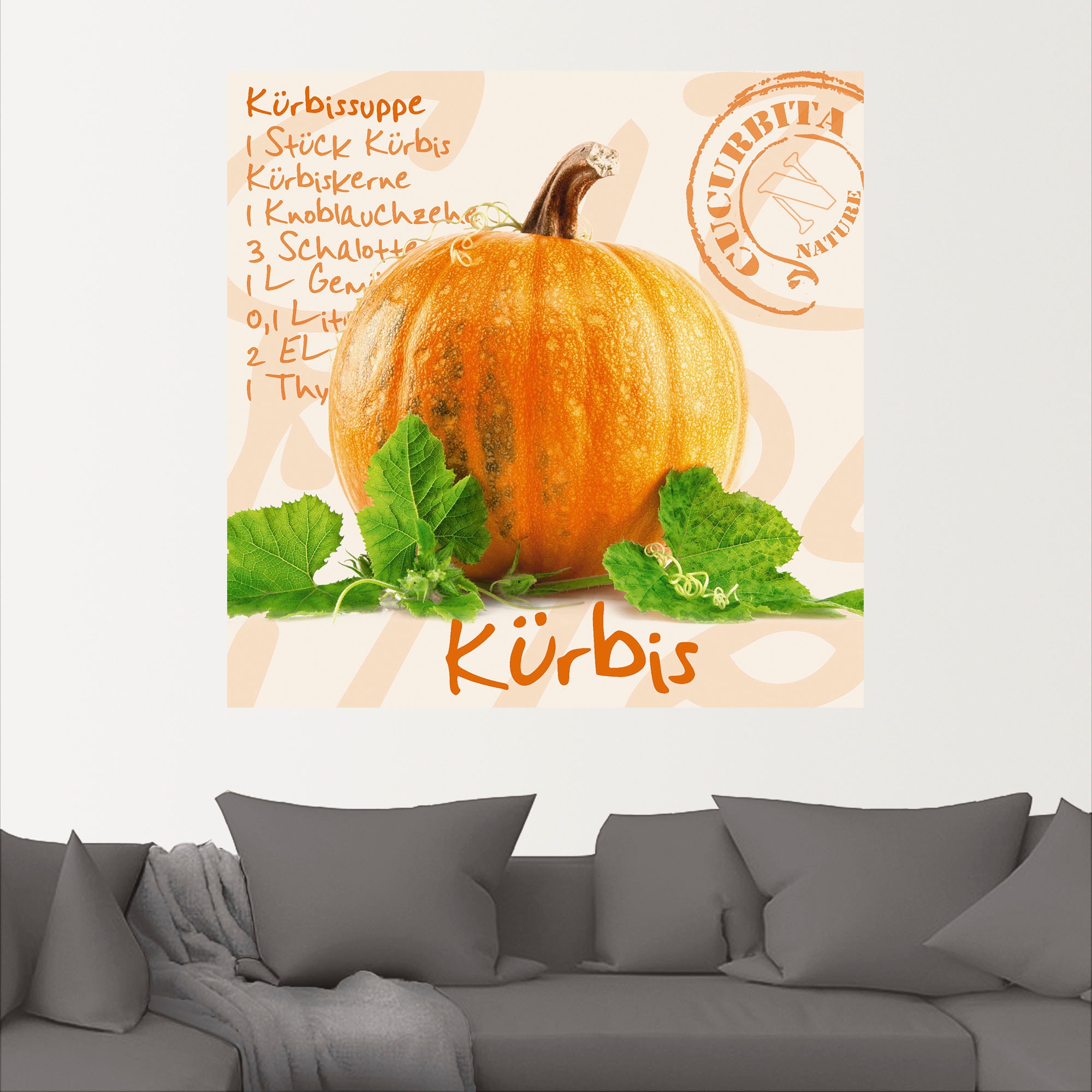 Artland Wandbild »Gelber Kürbis mit grünen Blättern«, Lebensmittel, (1 St.), als Poster, Wandaufkleber in verschied. Größen
