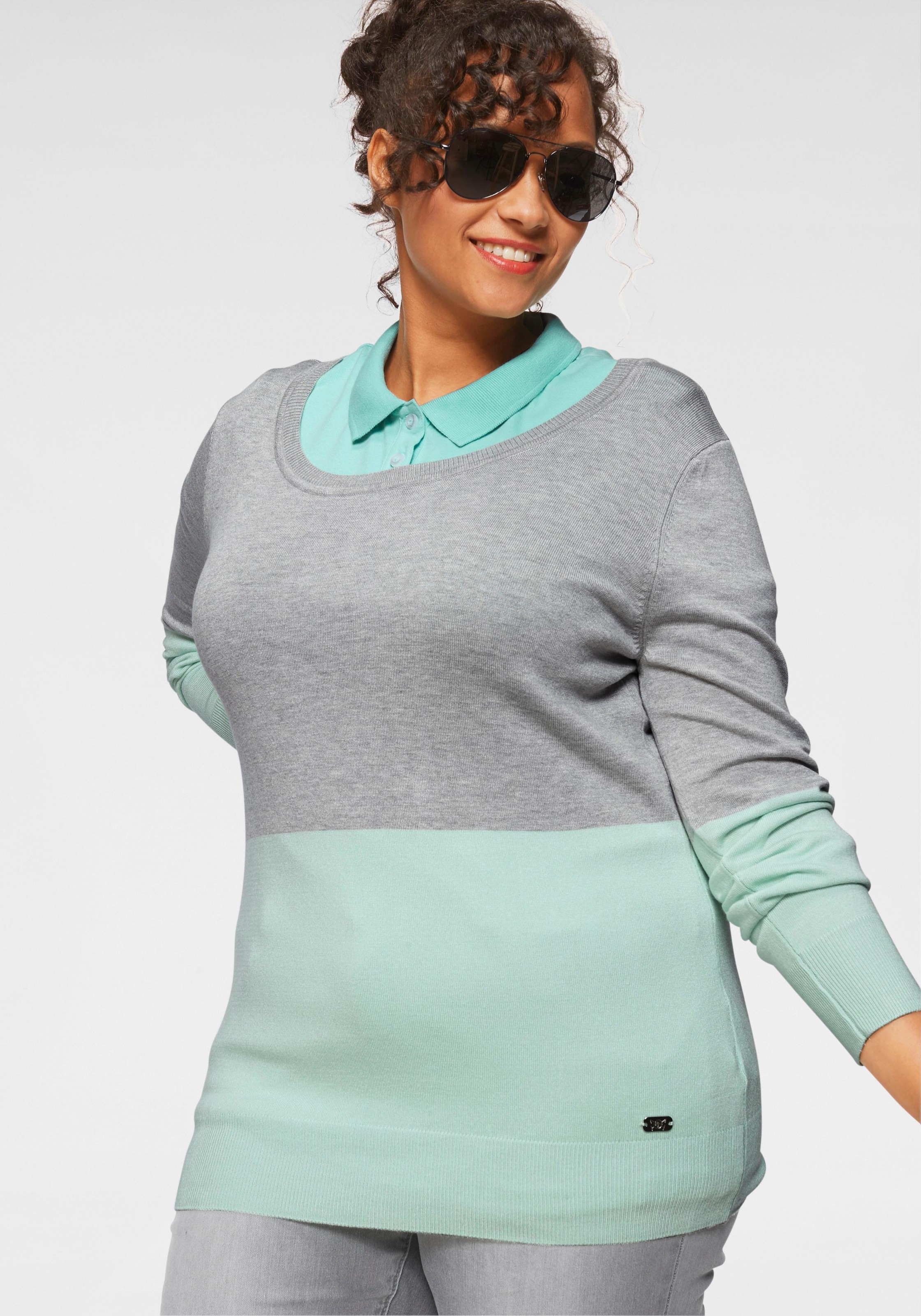 TOM TAILOR Polo Team Rundhalspullover, in Colour-Blocking Optik mit Zierknopfleiste hinten