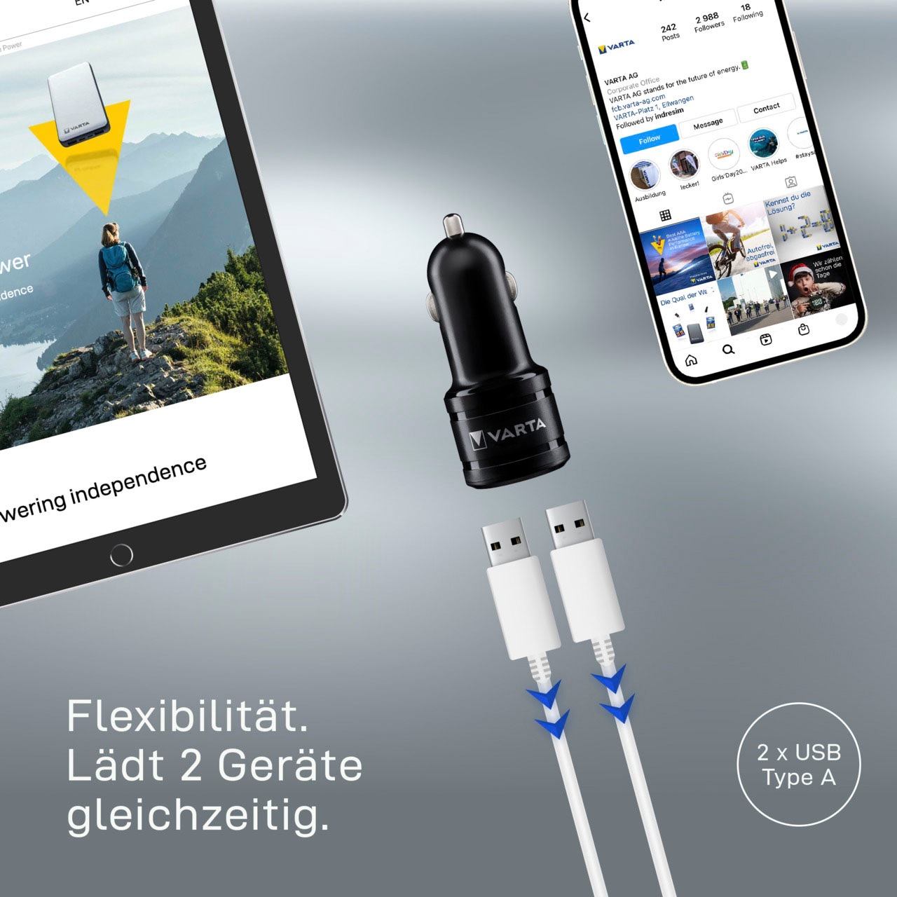 VARTA Batterie-Ladegerät »Car Charger 2 USB Ports«, lädt 2 Geräte blaue LED Ladeanzeige mit Lade- und Datenkabel