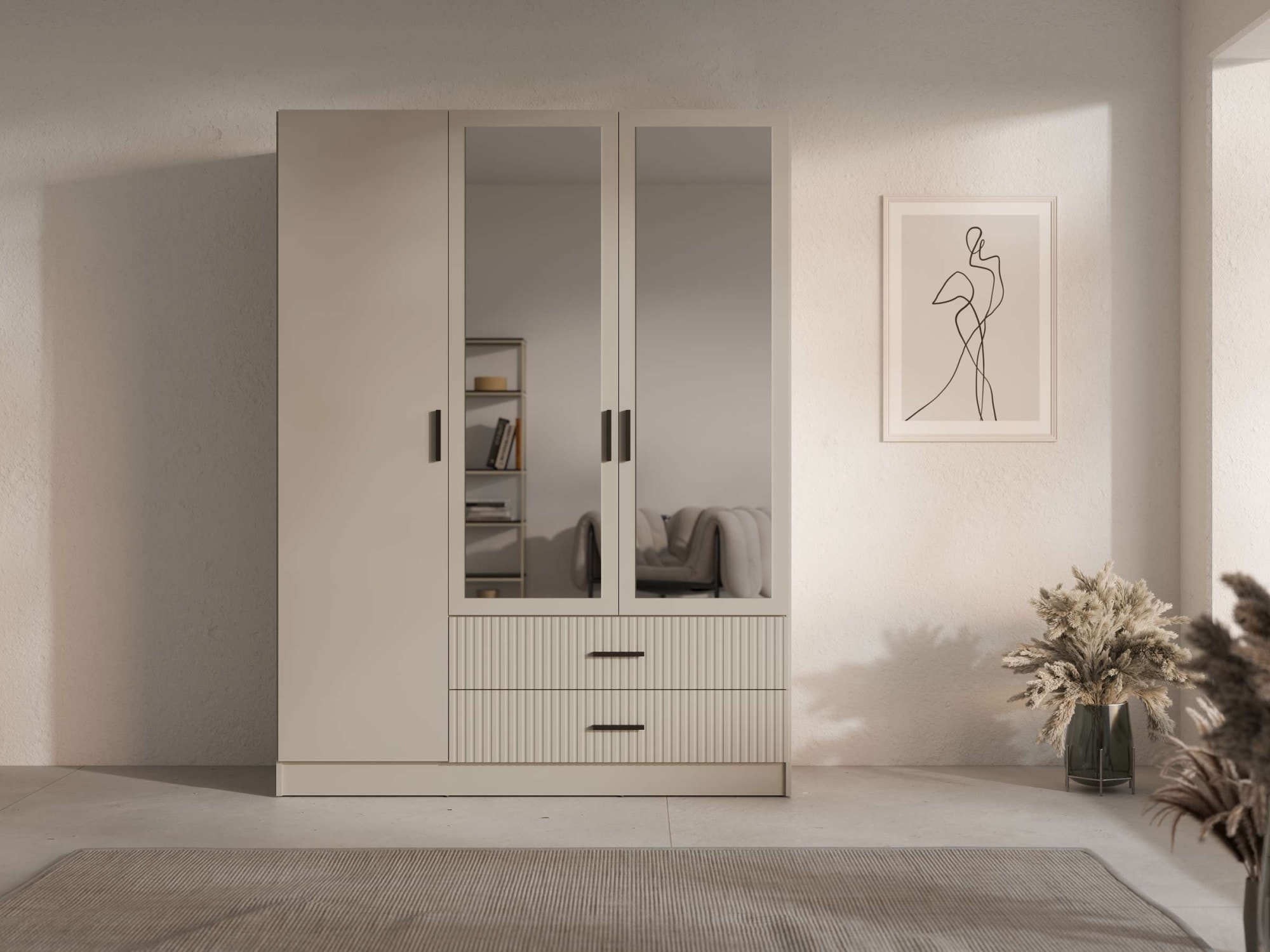 OTTO home Kleiderschrank »TERRIK,  modern mit viel Stauraum & geriffelter Struktur, Spiegel« B/H/T ca.  150/200/60 cm,  Garderobe mit 6 Fächern, Kleiderstange, 2 Schubladen, Made in EU