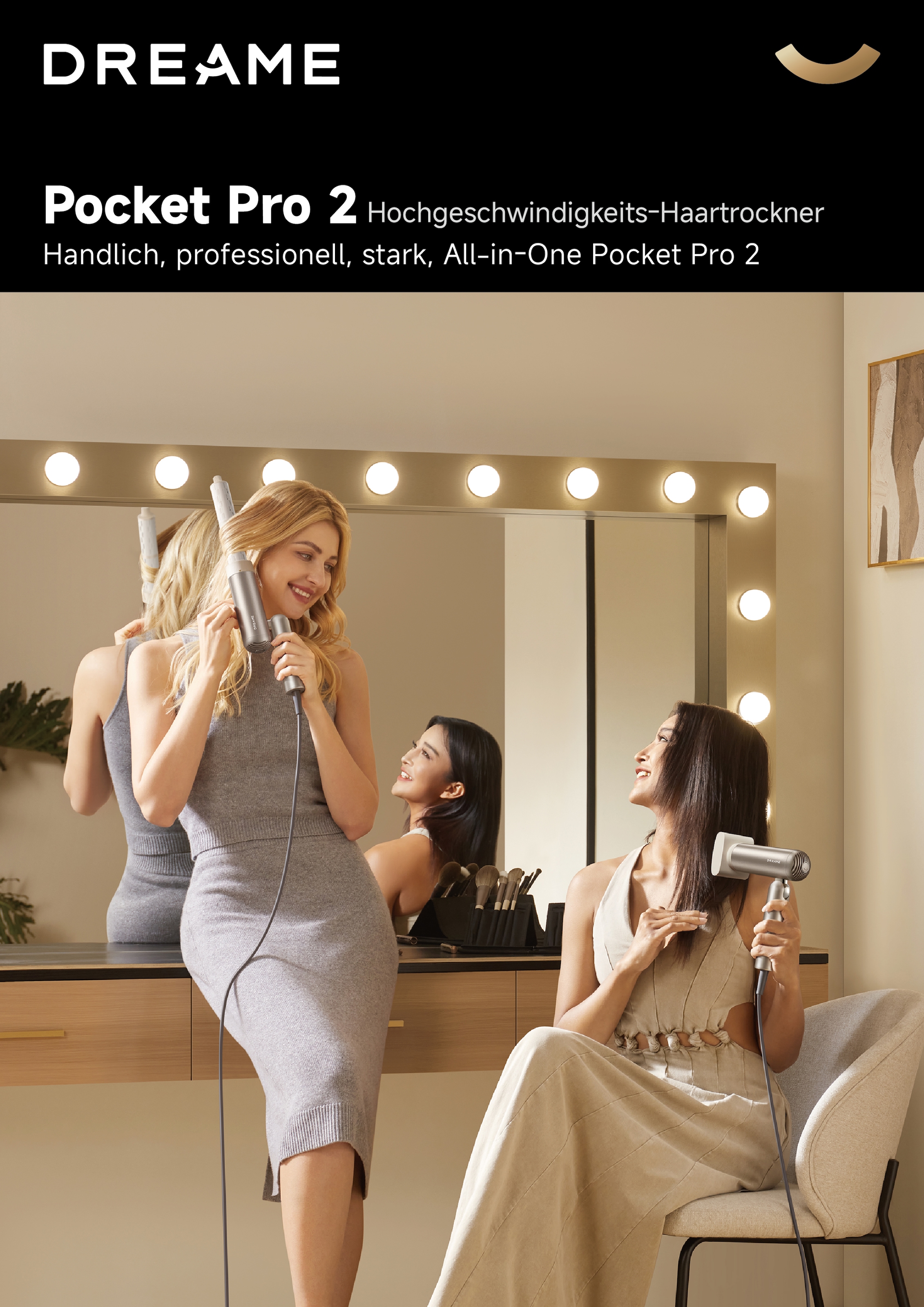 Dreame Haartrockner »Pocket Pro« 1.300 W 4 Aufsätze Hitzeschutz, Diffusor, Anti-Frizz, Lockenaufsätze