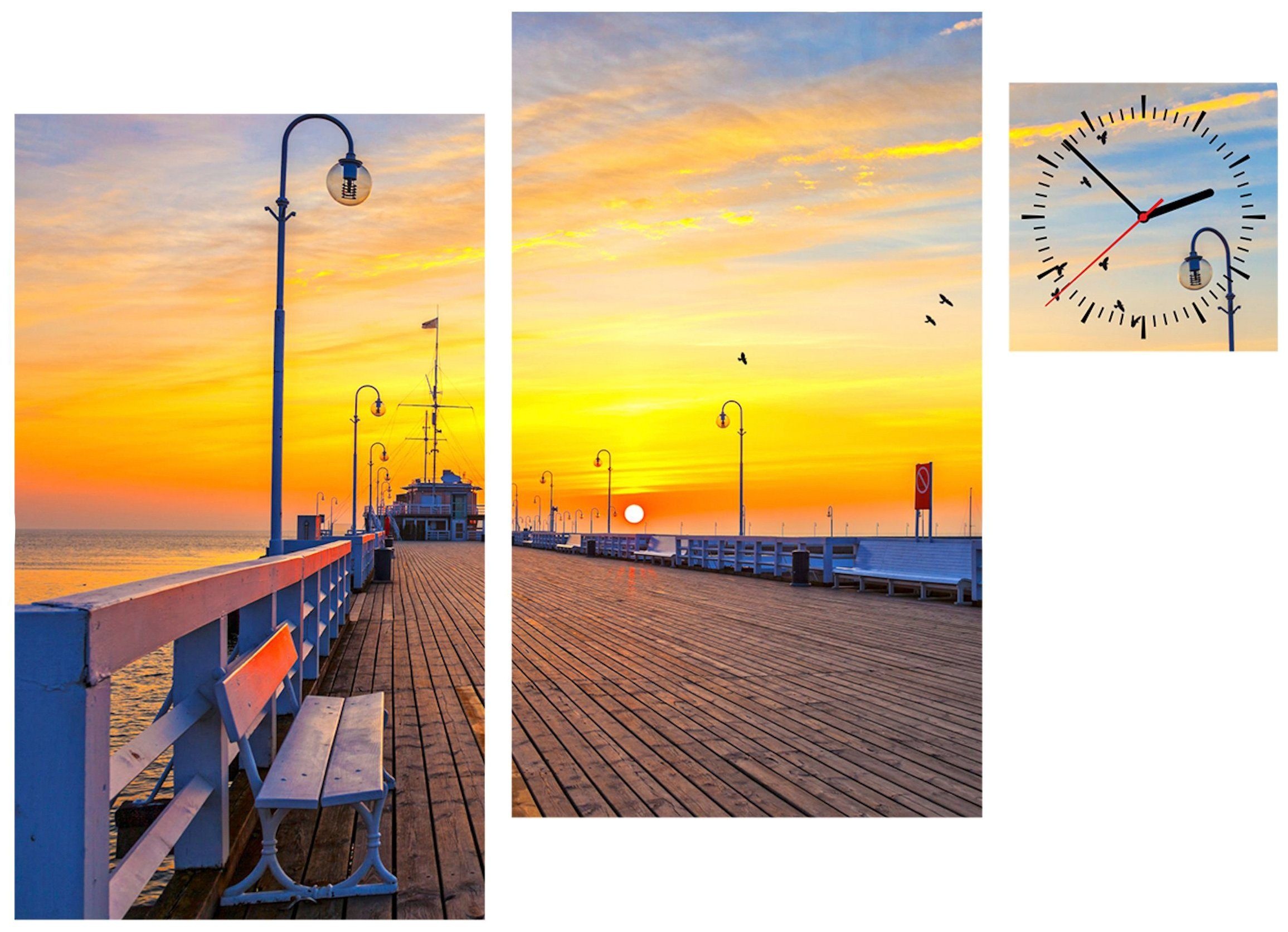 Conni Oberkircher´s Bild »Sunset Pier«, Sonnenuntergang, (Set), mit dekorativer Uhr